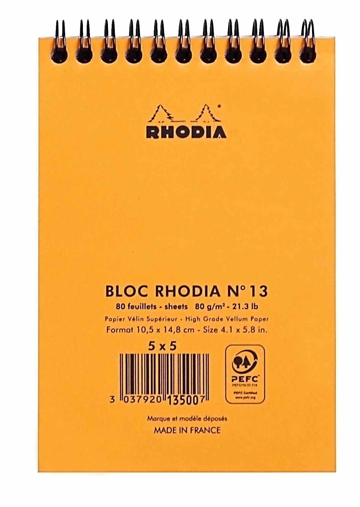 Rhodia 13500C Bloc-Notes à Spirale A6 Orange 10,5 x 14,8 cm Petits Carreaux 80 Feuilles Détachables Papier Clairefontaine 80 g/m² Couverture Souple