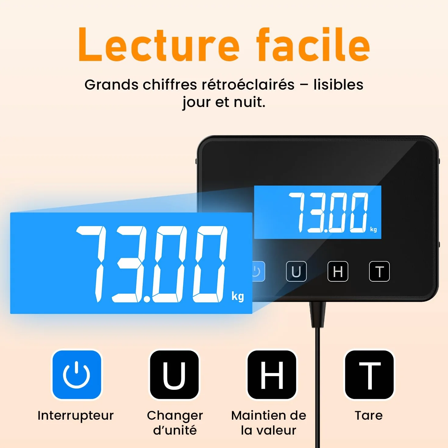 Balance Colis Pese Personne 200kg, Balance Professionnelle de Precision avec Fonction Maintien & Tare, Pese Colis et Bagages avec Écran LCD Mural, Secteur ou Batterie