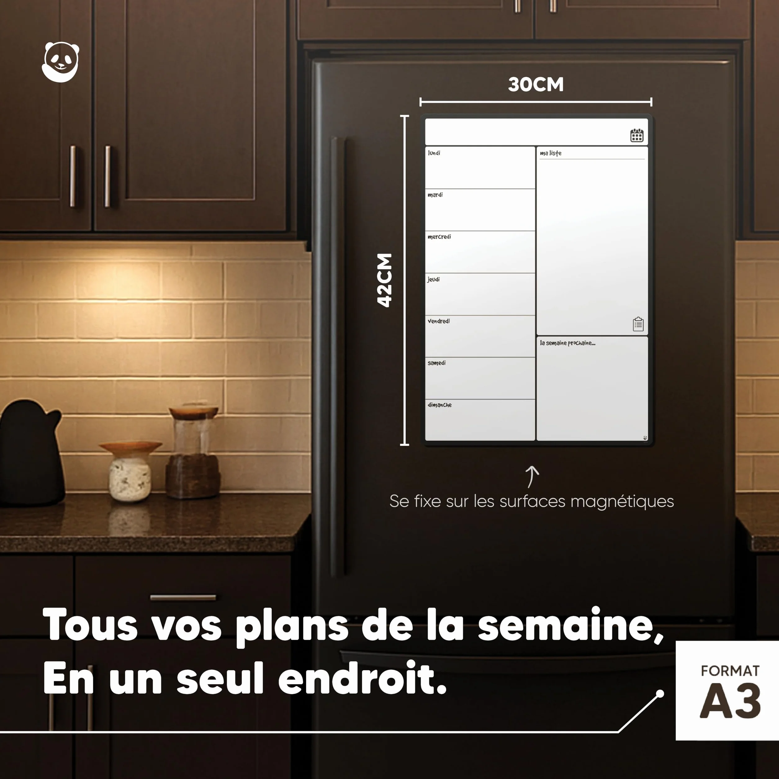 Smart Panda Tableau Magnétique pour Frigo A3 - Planificateur Repas Familiaux, Listes Courses, Aide Étude - Calendrier Aimanté Hebdomadaire Français
