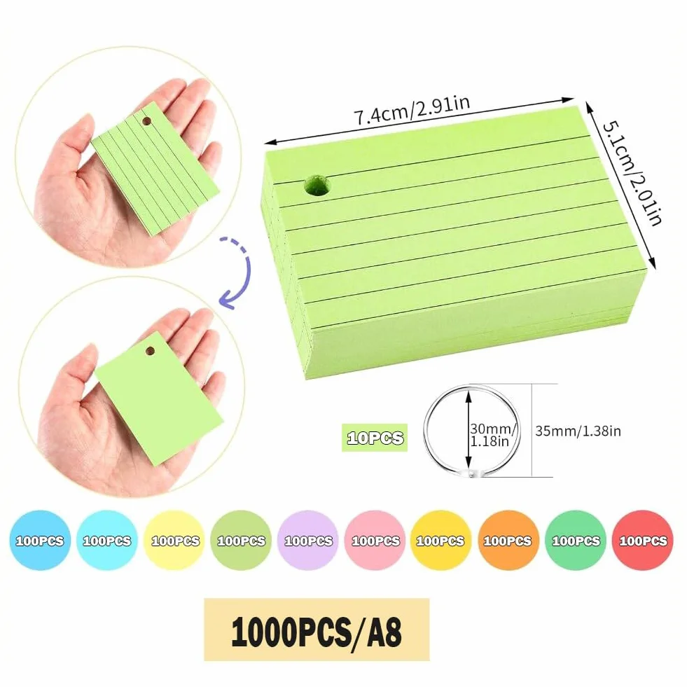 1000 Flash Cards A8 Fiche de Revision Papier Lignées 150g/m² 10 Anneaux Reliure 10 Couleurs