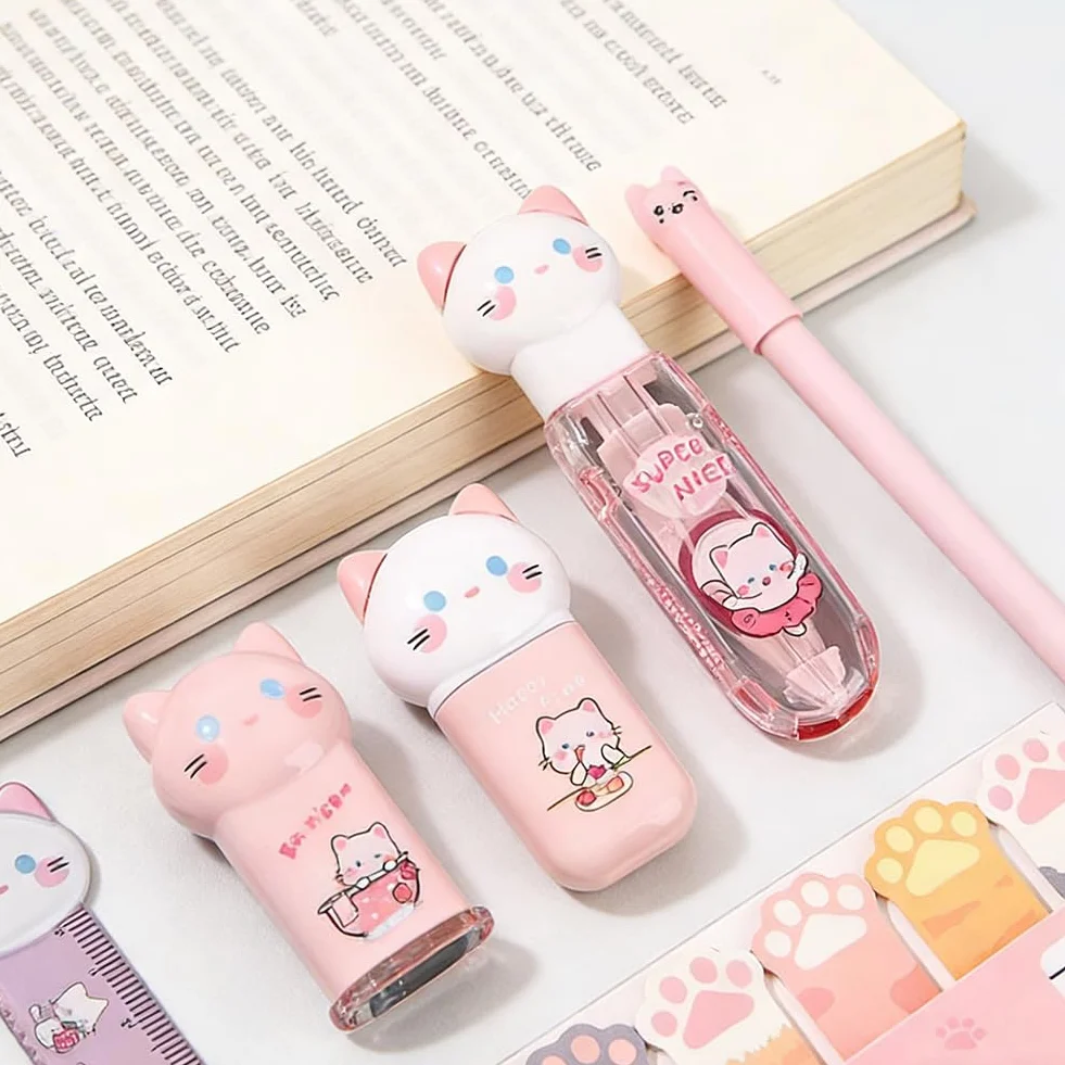 Ensemble de papeterie Chat fournitures scolaires Trousse règle ruban correcteur gomme stylos bureau Rose