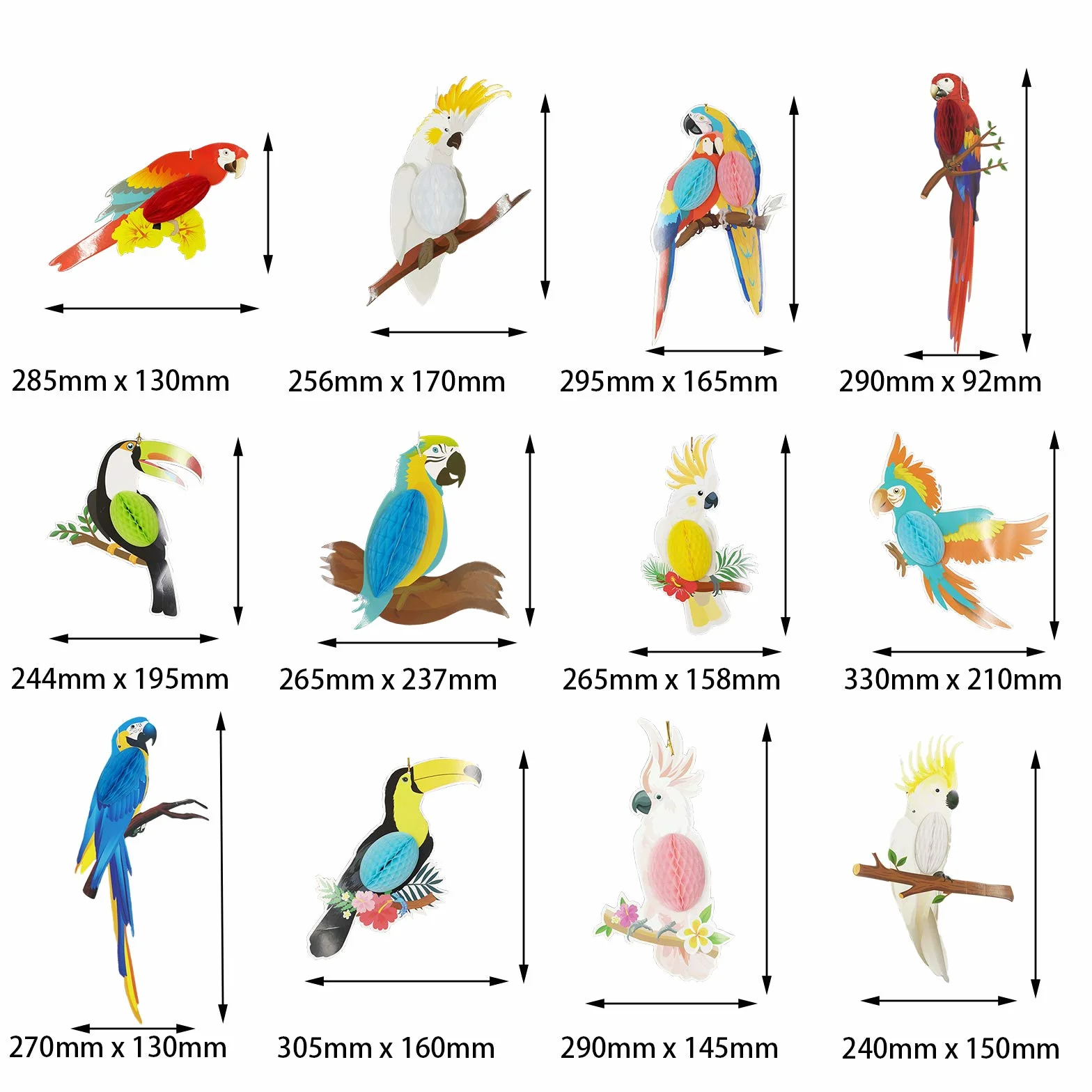 12 Pièces Découpes de Papier Nid D'abeille Oiseaux Tropicaux Perroquet Décorations Suspendues pour Fête Hawaïenne