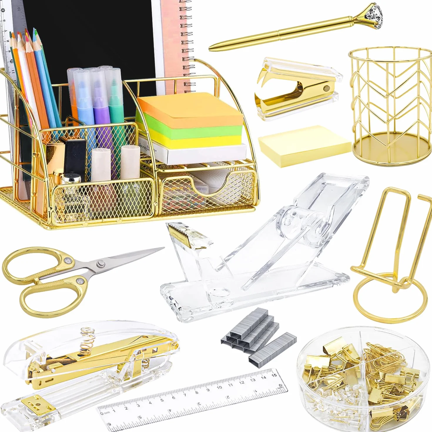 Organisateur de bureau doré 13 pièces avec agrafeuse acrylique distributeur ruban porte-stylo