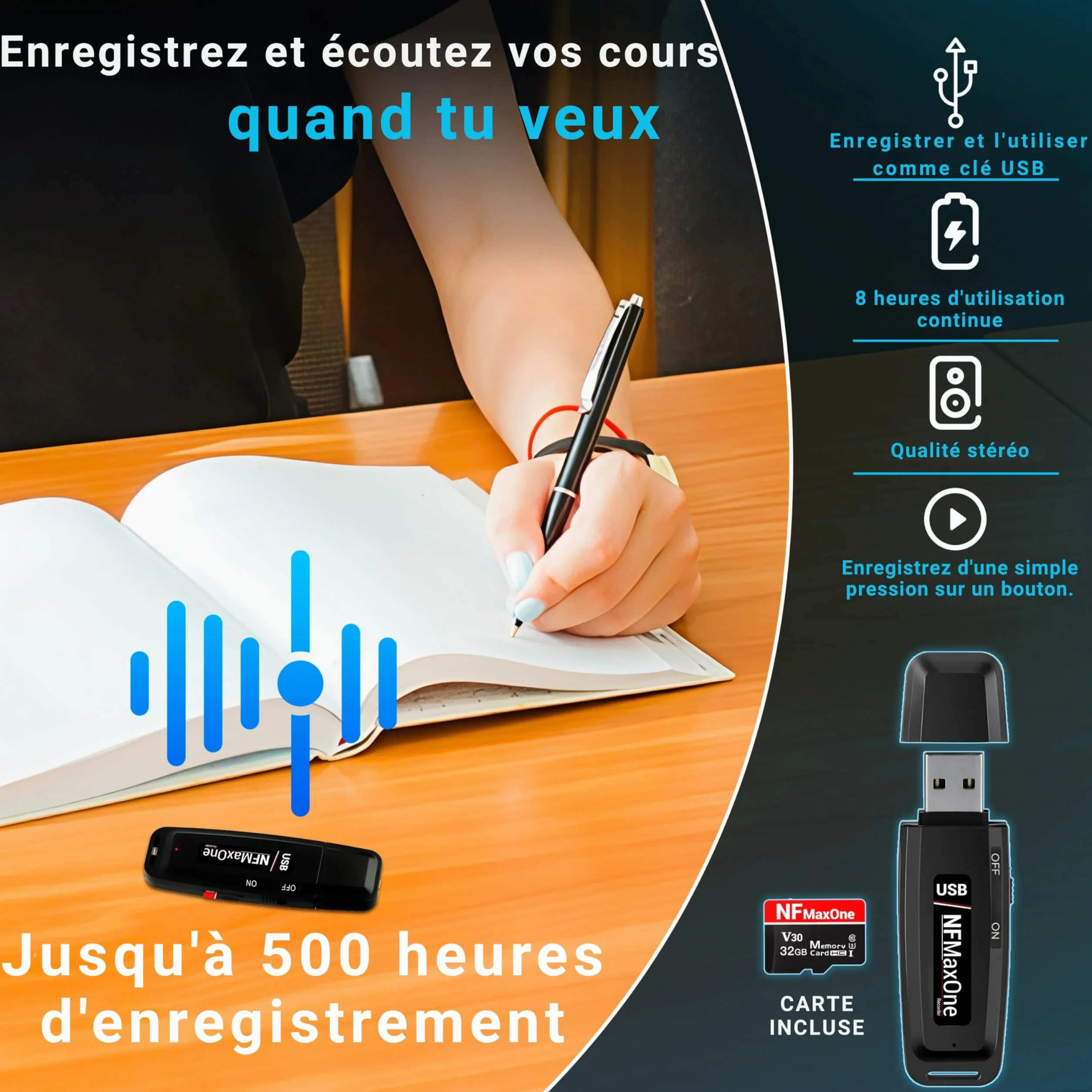 Enregistreur Vocal Espion Numérique 32 Go Mini Audio Réunions Interviews Cours USB Portable 500 Heures