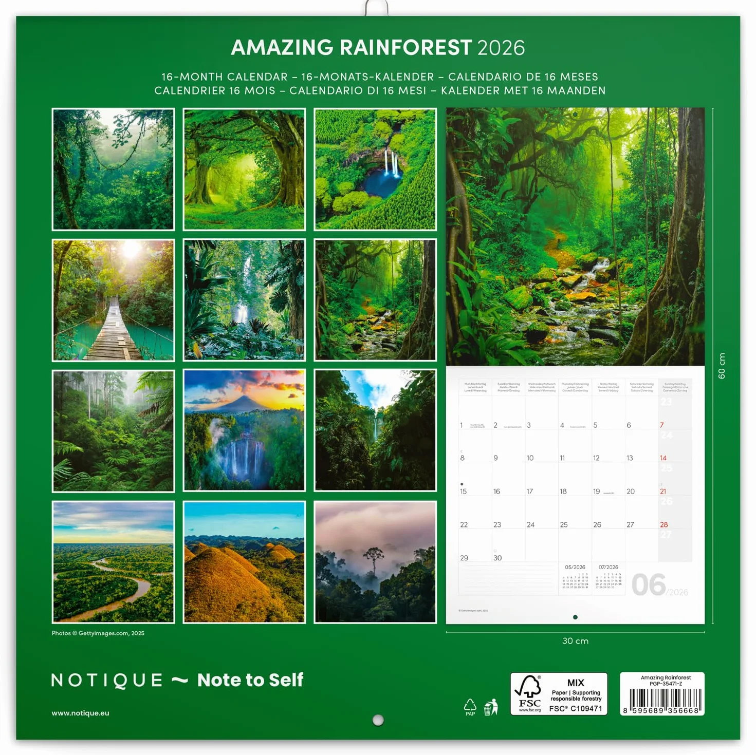 NOTIQUE Calendrier mural 2026 Forêt tropicale 30 x 30 cm 30 x 60 cm ouvert