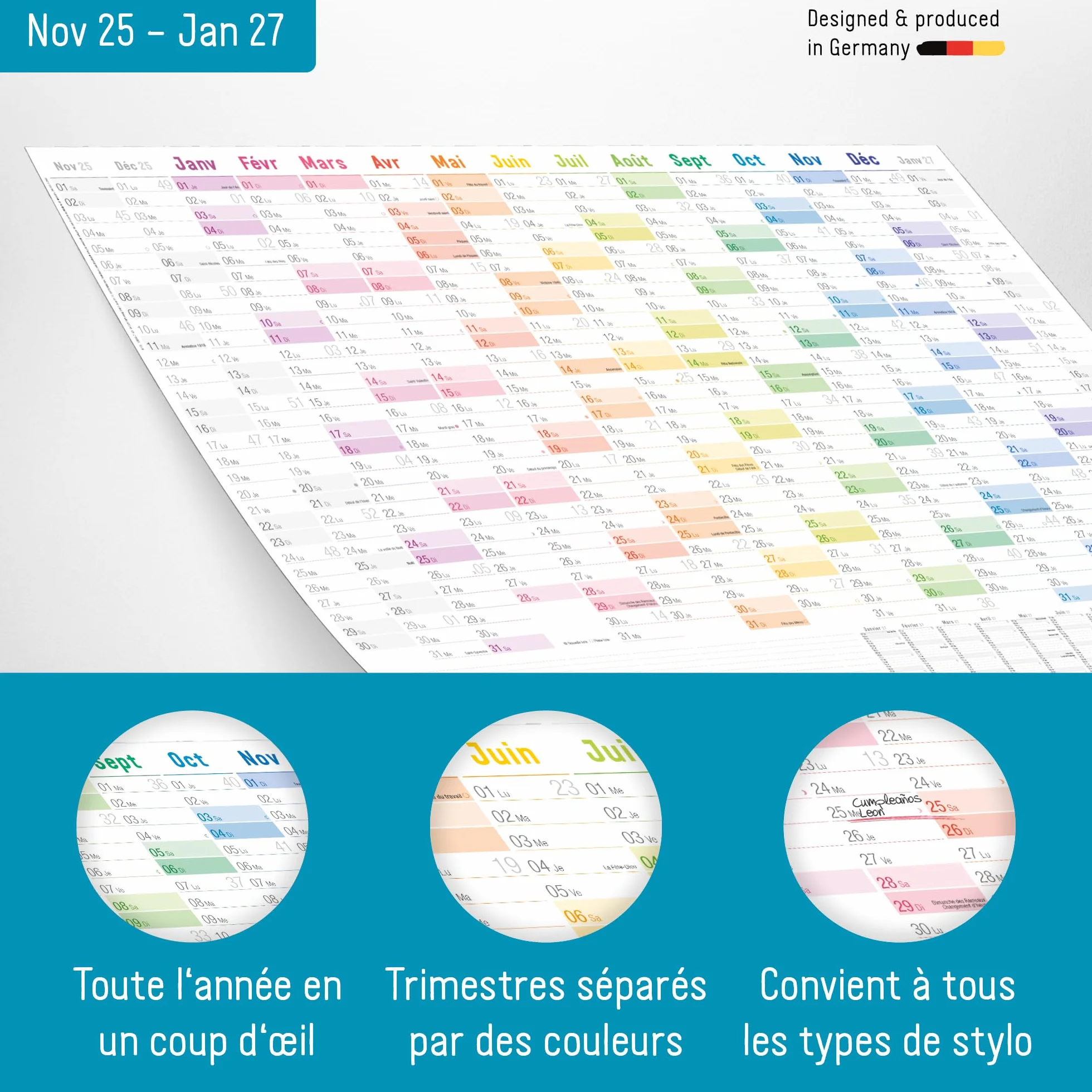 Häfft® Calendrier mural XXL 2026 A1+ 63 x 89 cm papier français Rainbow avec agenda annuel A4 gratuit jours fériés France