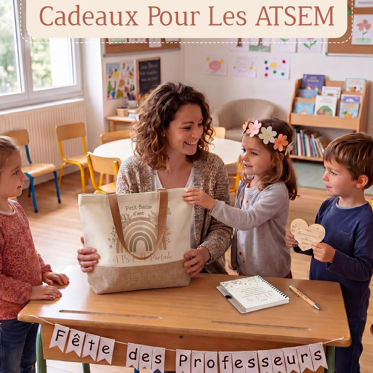 Cadeaux Merci pour ATSEM Sac Fourre-Tout Porte-Clés Stylo Carnet à Spirale Enveloppe Plaque de Cœur Fin d'Année