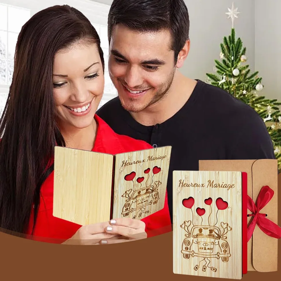Carte de Vœux Mariage en Bois Originale avec Enveloppe, Carte Félicitation Mariage