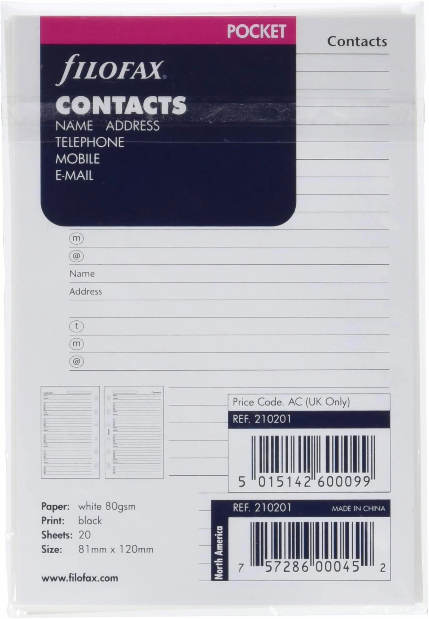 Filofax Bloc-notes de poche Nom/adresse/téléphone 81 x 120 mm 20 pages Blanc