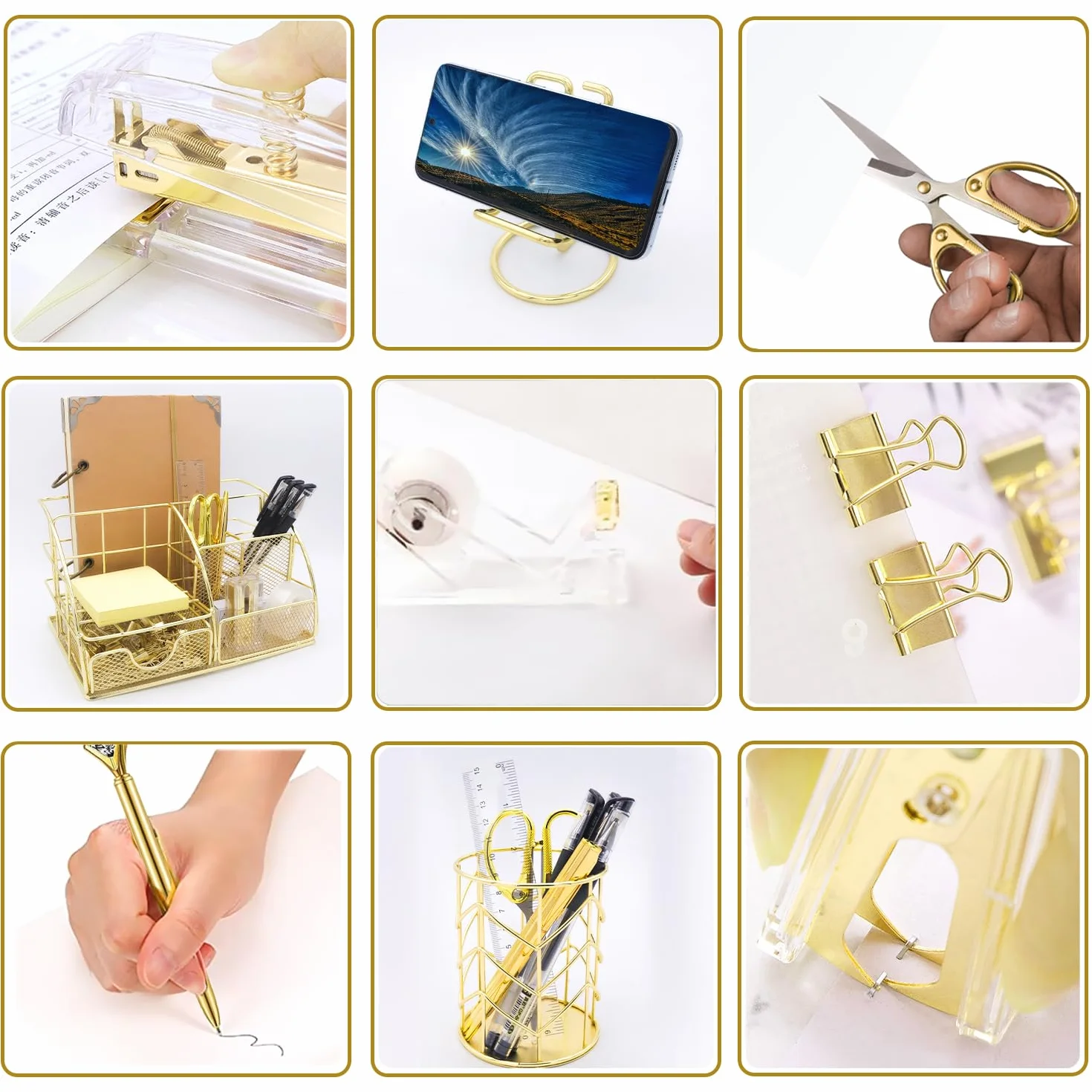 Organisateur de bureau doré 13 pièces avec agrafeuse acrylique distributeur ruban porte-stylo