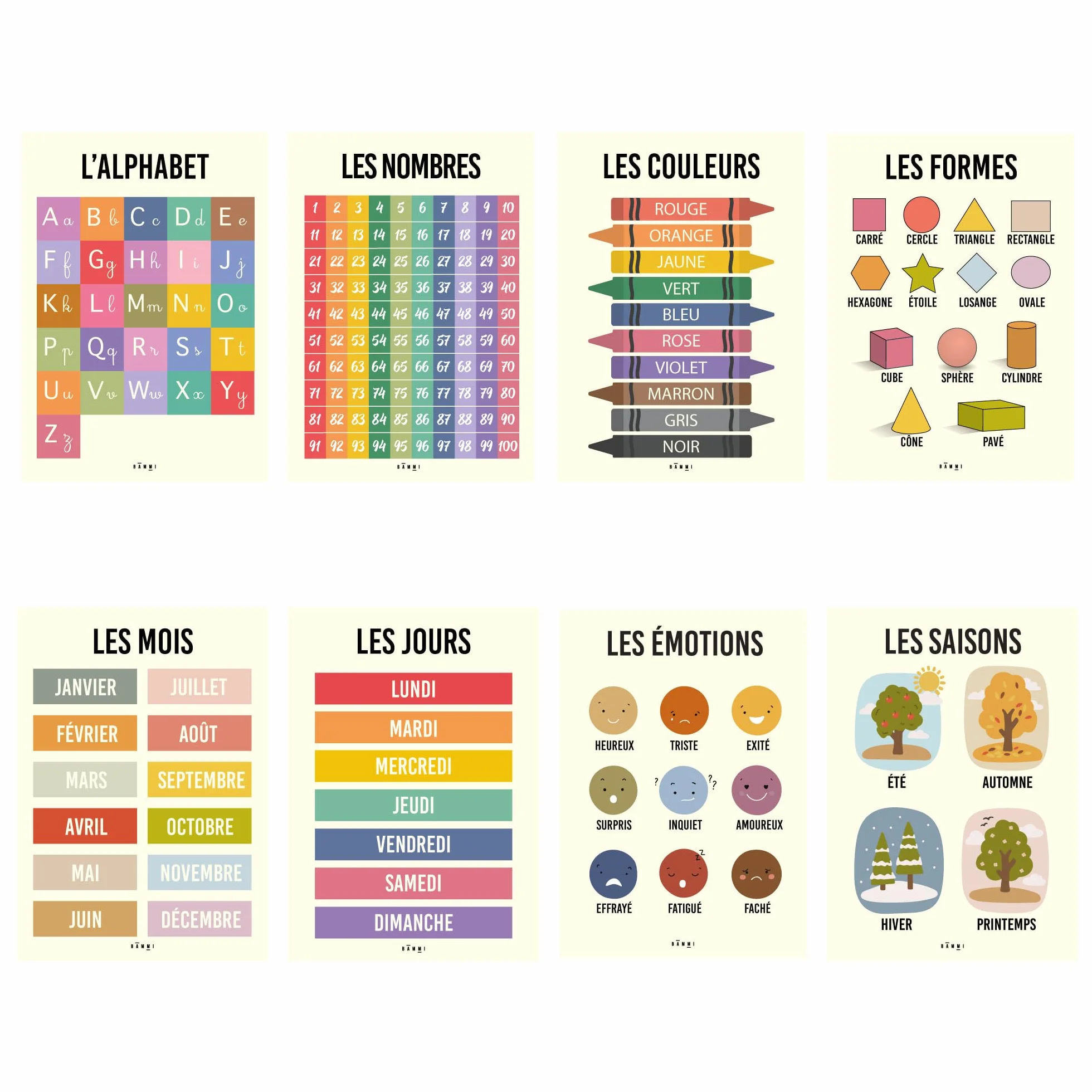 BAMMI 8 Affiches Éducatives 30x42cm Posters Pédagogiques Enfants Alphabet Nombres Couleurs Formes Jours Mois Émotions Saisons