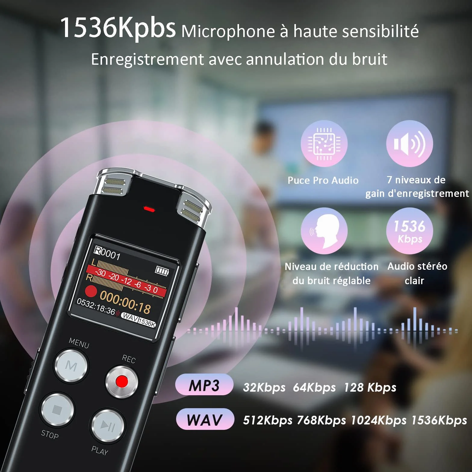 EVISTR Enregistreur numérique de Voix 128GB - Enregistreur Audio à Commande vocale avec réduction du Bruit - Dictaphone Dual MIC Rechargeable