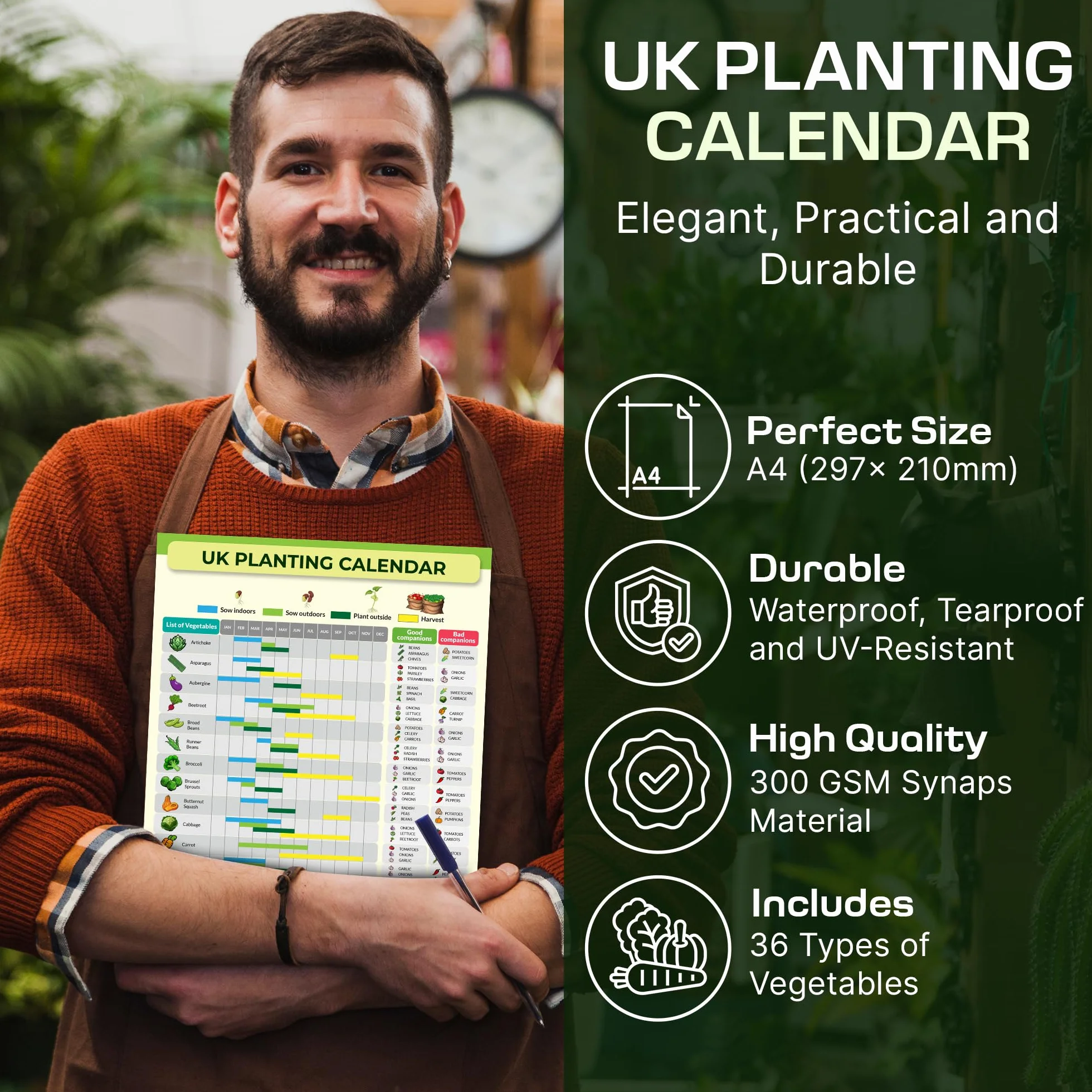 Calendrier de Plantation Jardinage Lotissement – Guide Semis Récolte Réutilisable – Poster Imperméable Serre Abri Jardin