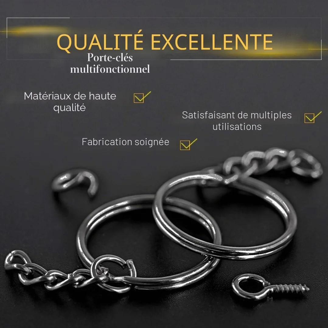 Lot de 450 porte-clés noirs 25 mm avec anneaux et épingles à œillet