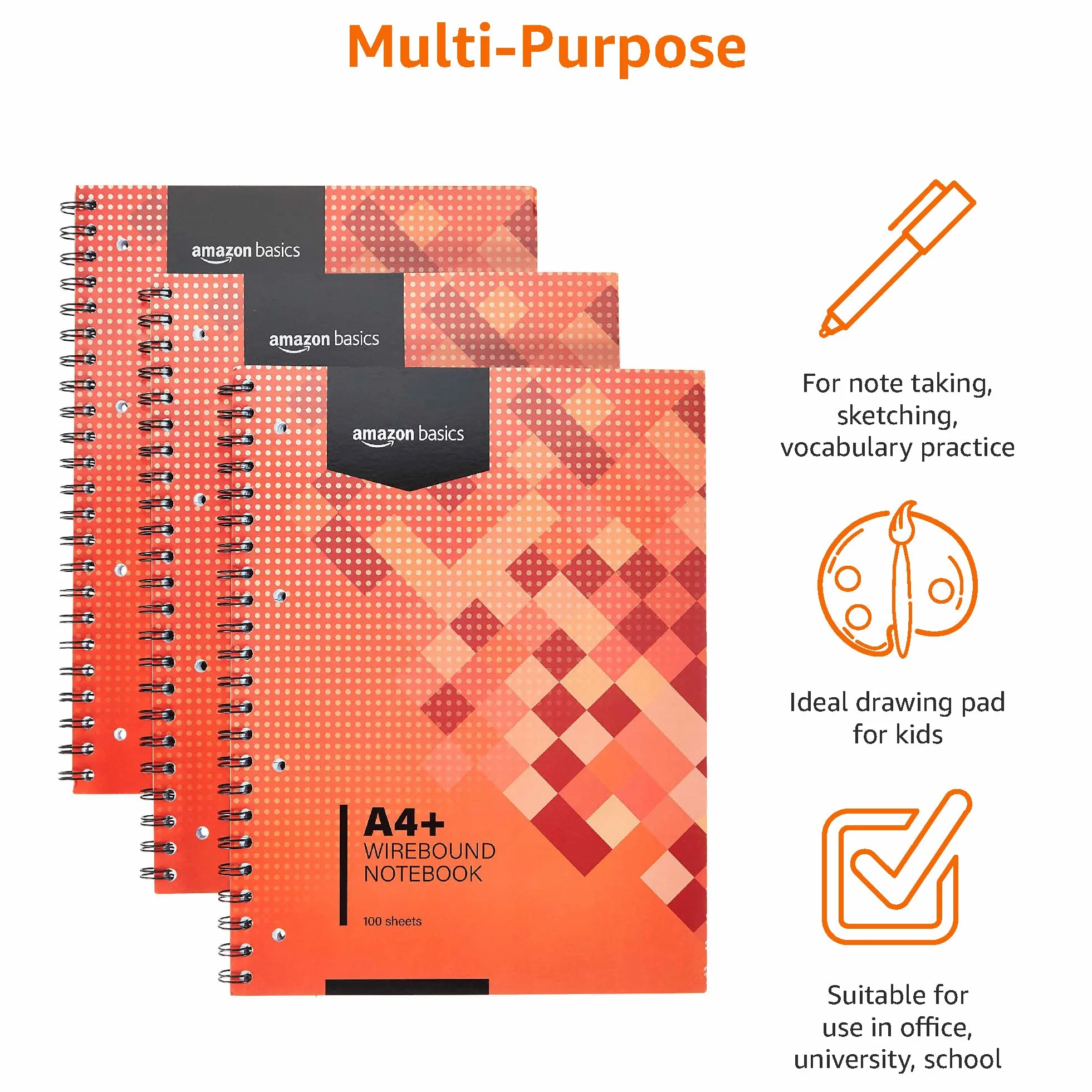 Amazon Basics Cahier à reliure spirale A4+ 100 feuilles 80 g/m² lot de 3 Rouge