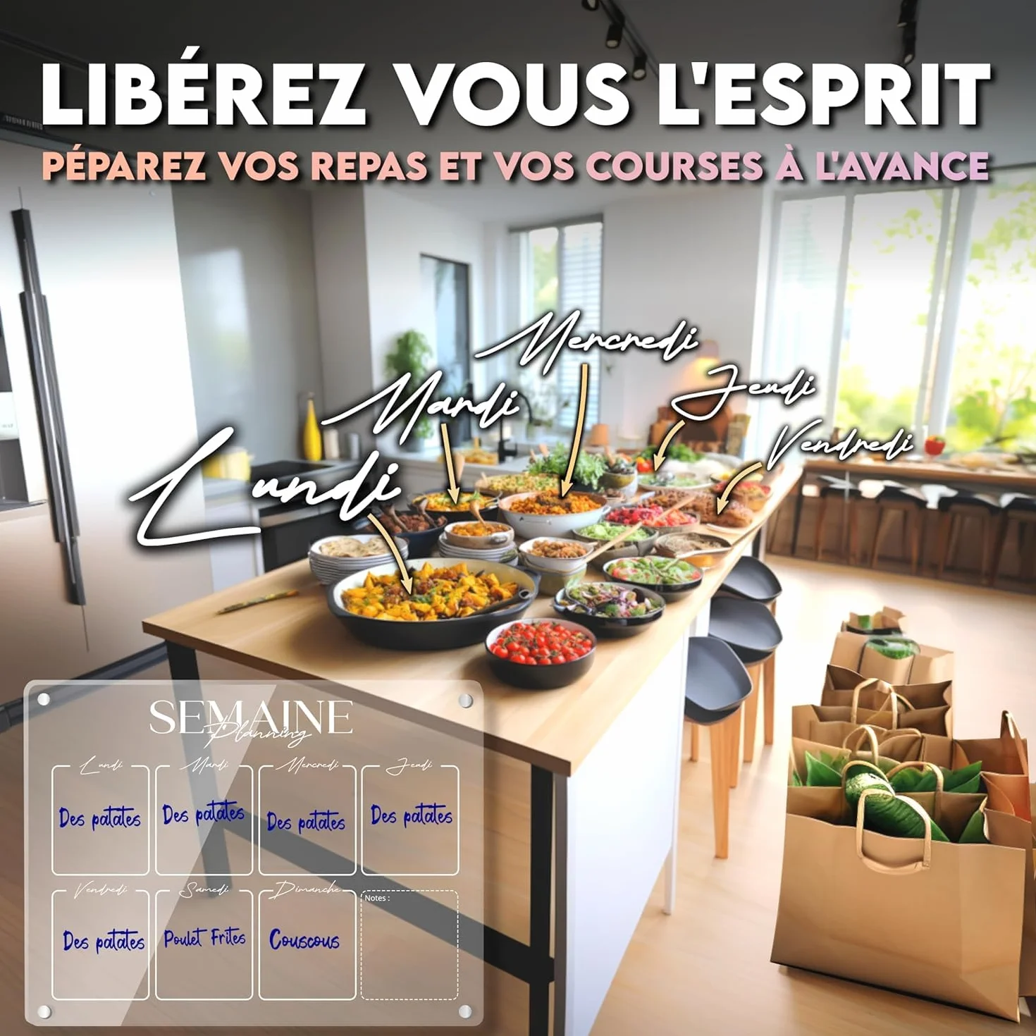 Calendrier Magnétique Frigo Transparent x2 Planificateur Hebdomadaire Mensuel Aimanté Tableau Organisateur Familial