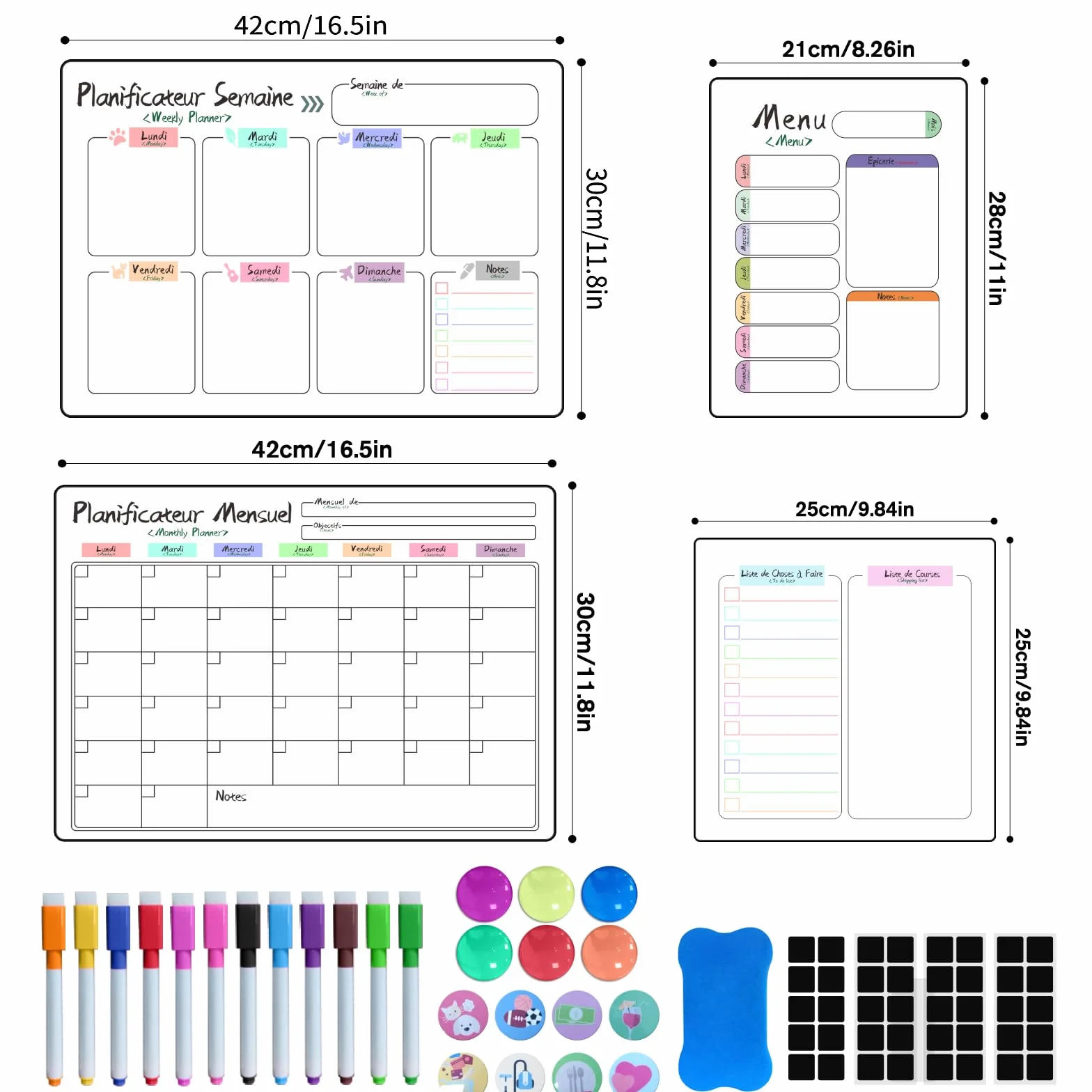 Calendrier Magnetique Frigo 4 Pièces Planificateurs Mensuels Magnétiques Effaçables Tableau Menu Semaine Liste de Courses
