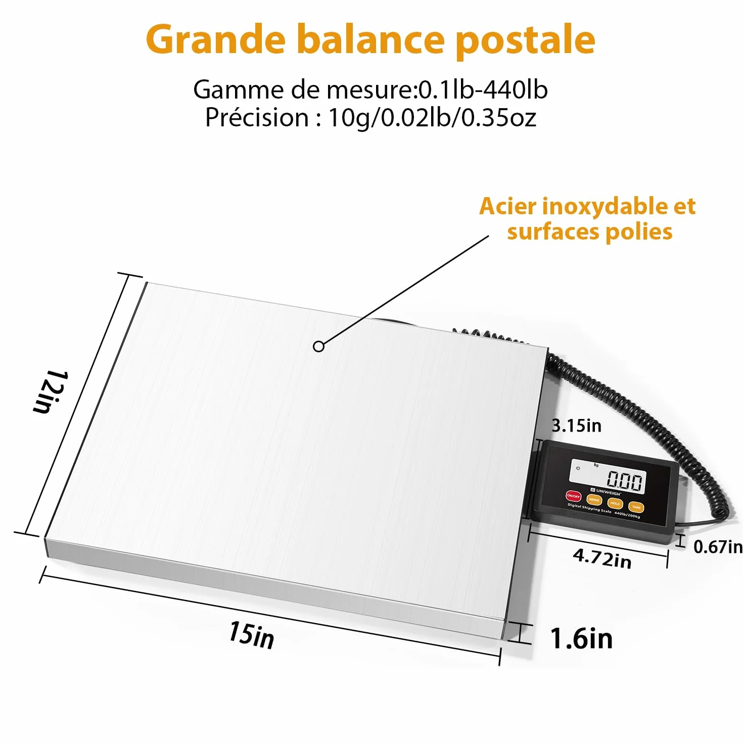 UNIWEIGH Balance Colis Postale Numérique 440lb x 10g, Plateaux en acier Inoxydable, Pese Colis avec affichage Hold/Tare/LCD