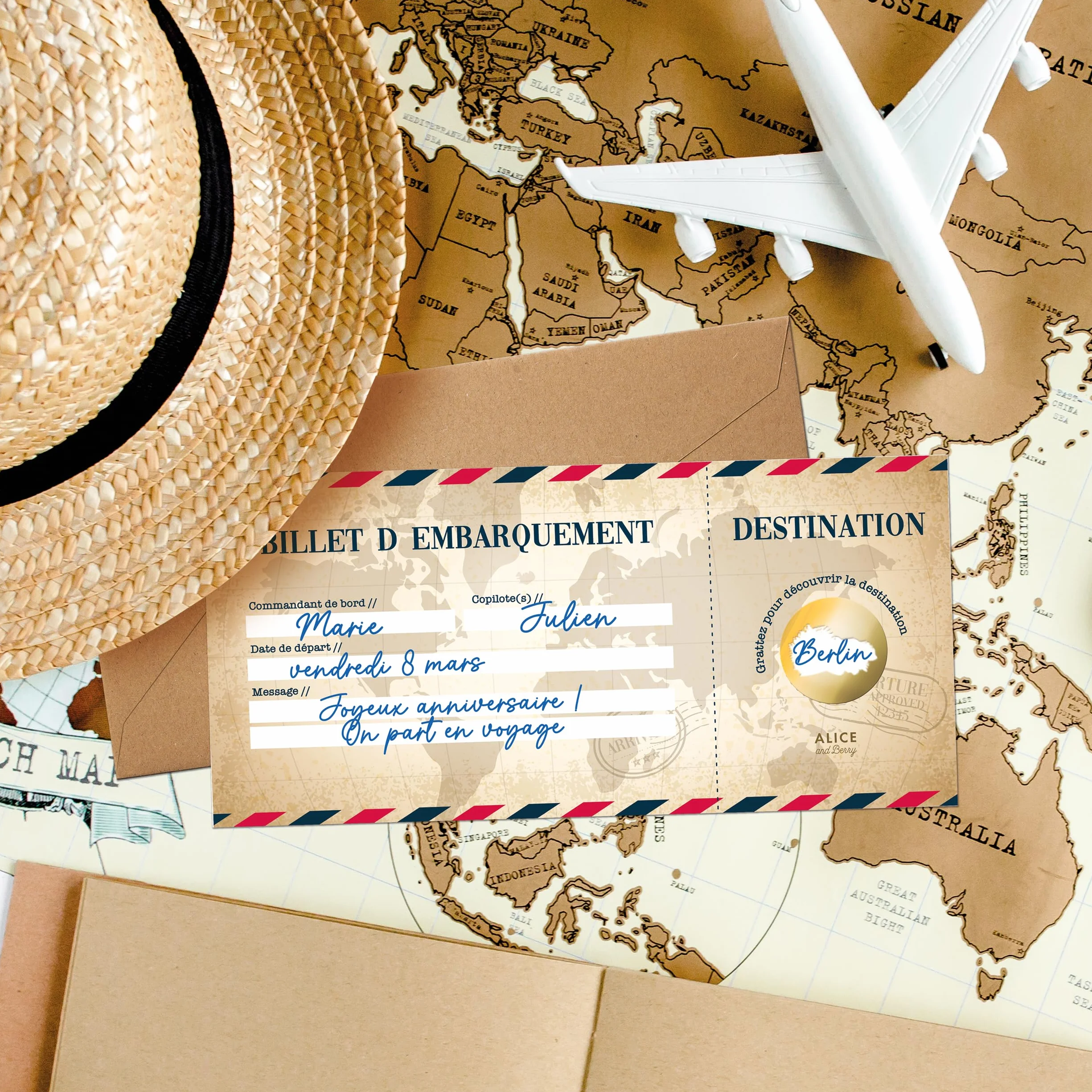 Carte à gratter Voyage Surprise personnalisable Billet d'avion Road Trip Vintage