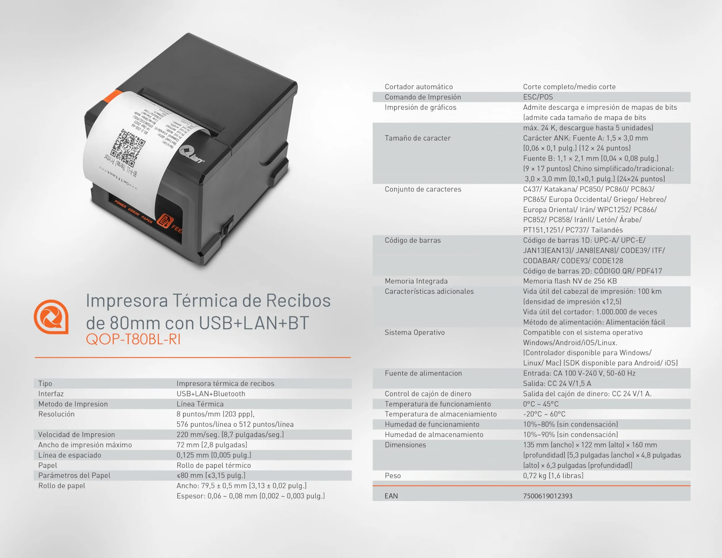 Qian Imprimante de reçus Thermique 80mm POS découpe Automatique ESC/POS Vitesse 220 mm/s USB LAN Bluetooth