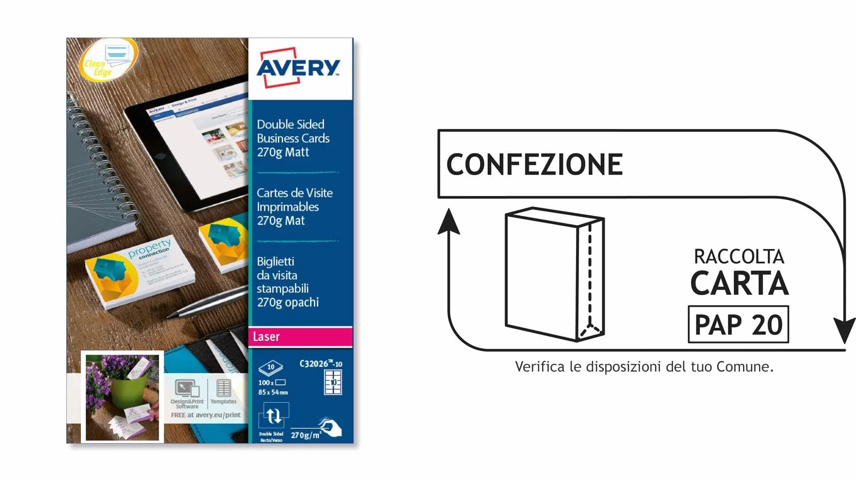 Avery C32026 Pack de 10 feuilles cartes de visite 85 x 54 mm blanc