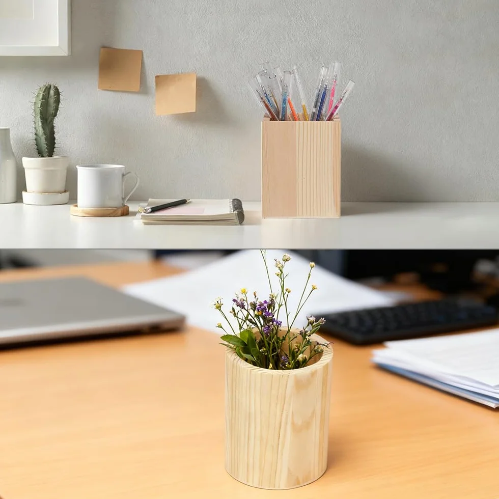 Porte-stylo en Bois Formes Géométriques Cylindre Hexagone Carré Pot à Crayons Multifonctionnel