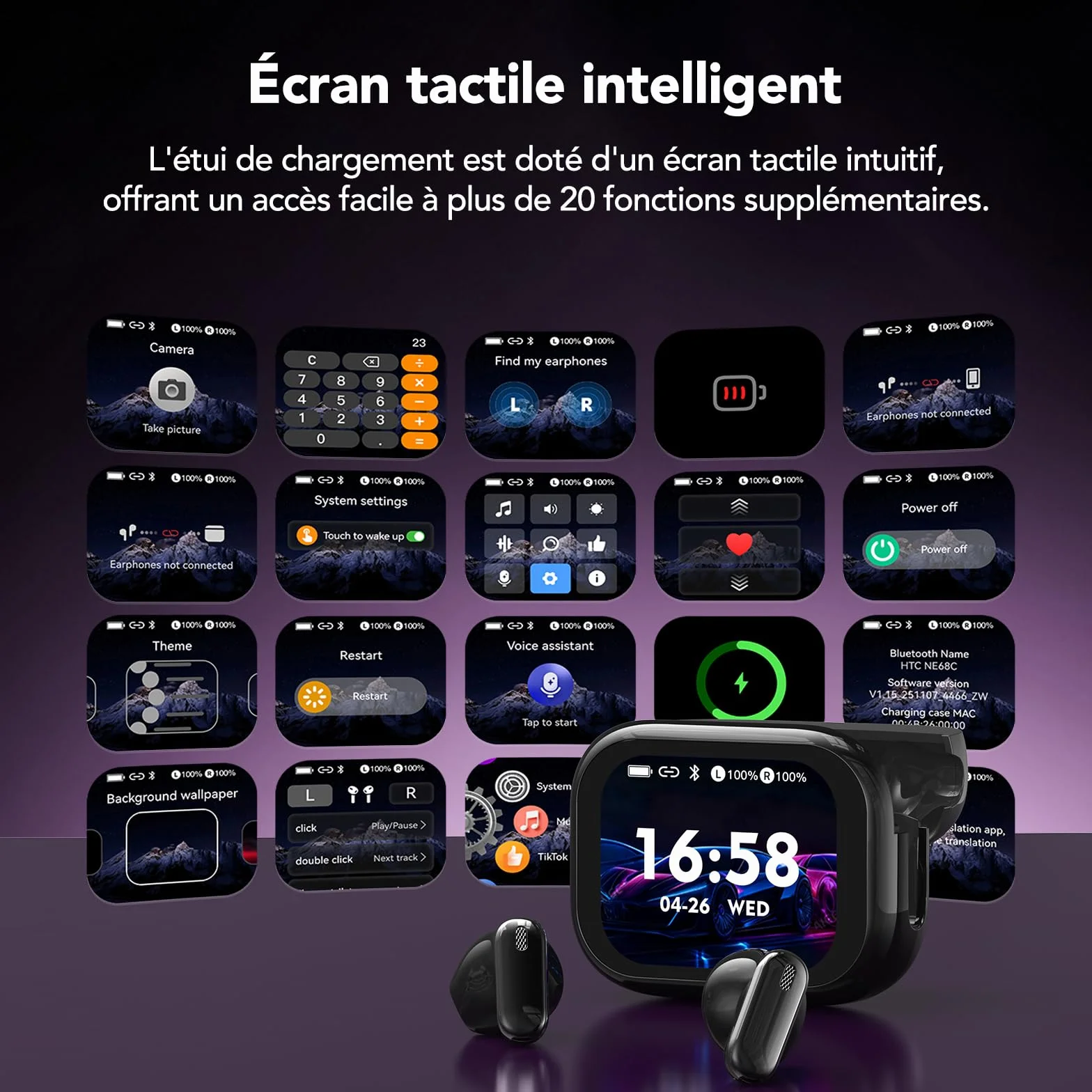 NE68 AI Écouteur Traducteur Instantané 150 Langues, ANC/ENC Réduction du Bruit, Écran Tactile LED, IPX5, 60H Autonomie