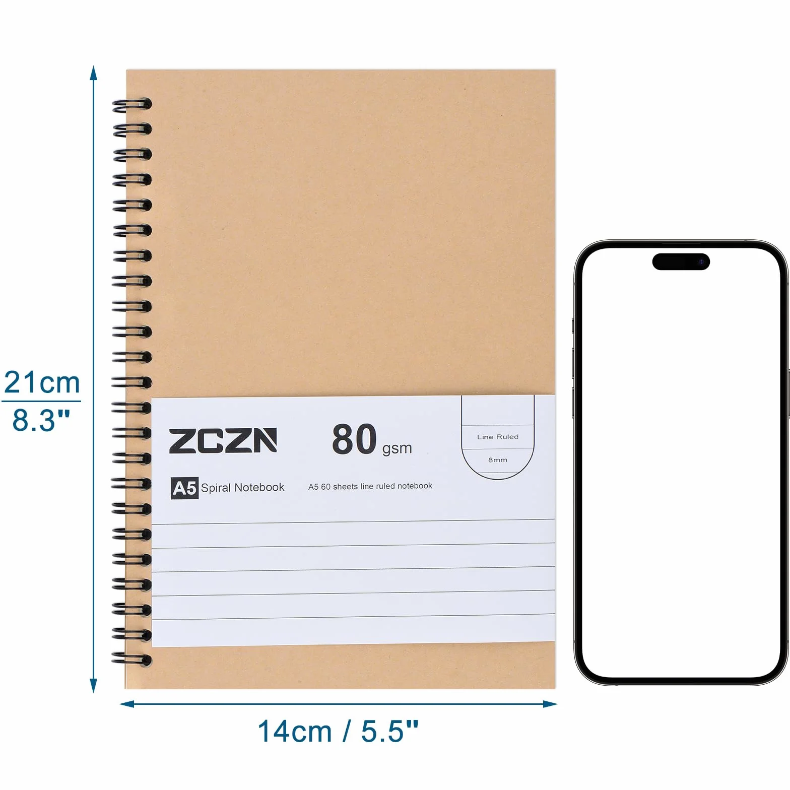 Cahier à Spirale Kraft 60 Feuillets Lot de 6 Blocs, 80 g/m², 120 Pages Lignées