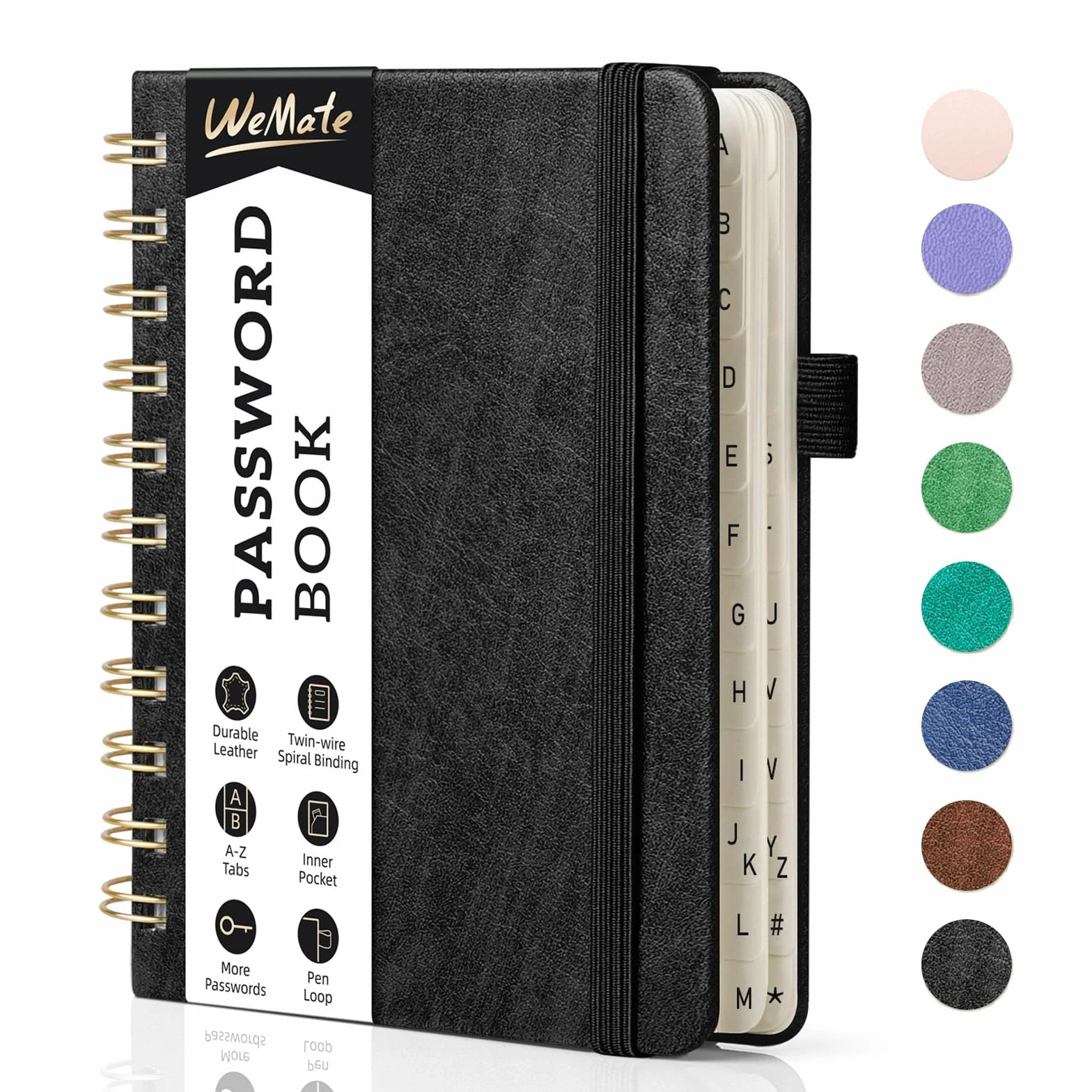 WEMATE Livre de mots de passe à spirale avec onglets alphabétiques, 4.7''x 6'', Noir