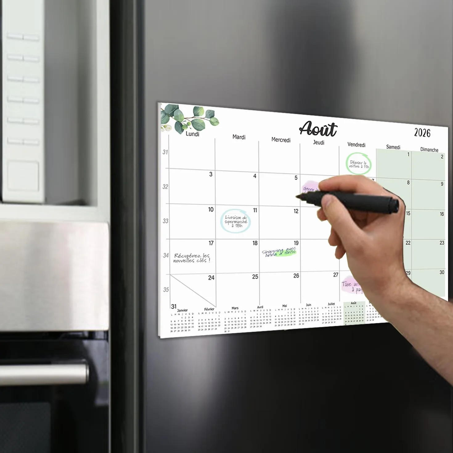 Calendrier Magnétique Frigo 2026-2027 32x22cm Familial Juil.2026-Déc.2027 Planificateur Mensuel Français