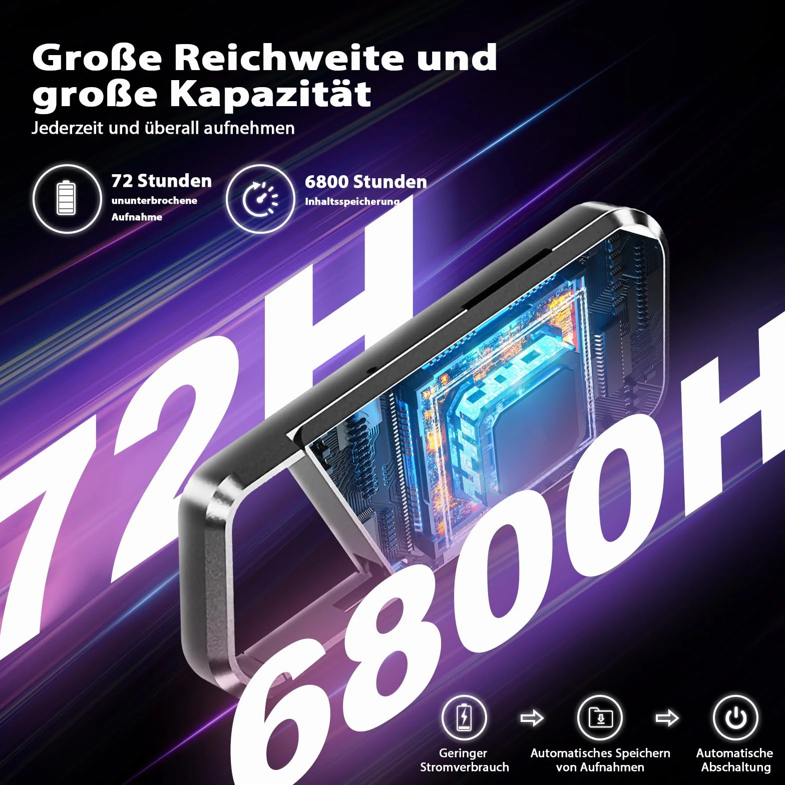 Enregistreur Vocal 72 Go avec Reconnaissance Vocale, DSP5.0 OTG, 6800h d'enregistrement continu