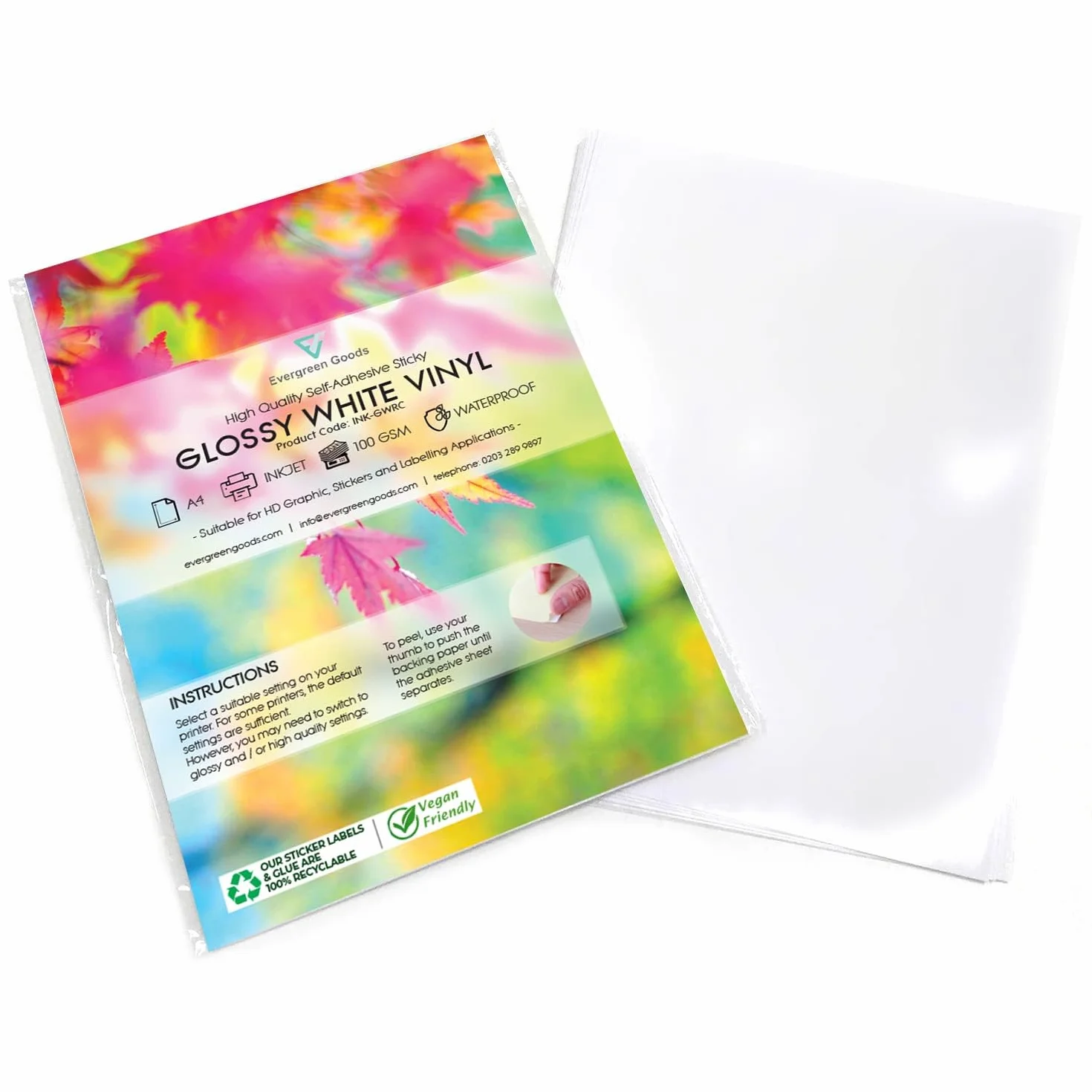 Evergreen Goods Papier autocollant vinyle blanc brillant A4 50 feuilles étanche imprimante jet d'encre laser découpe étiquettes artisanat