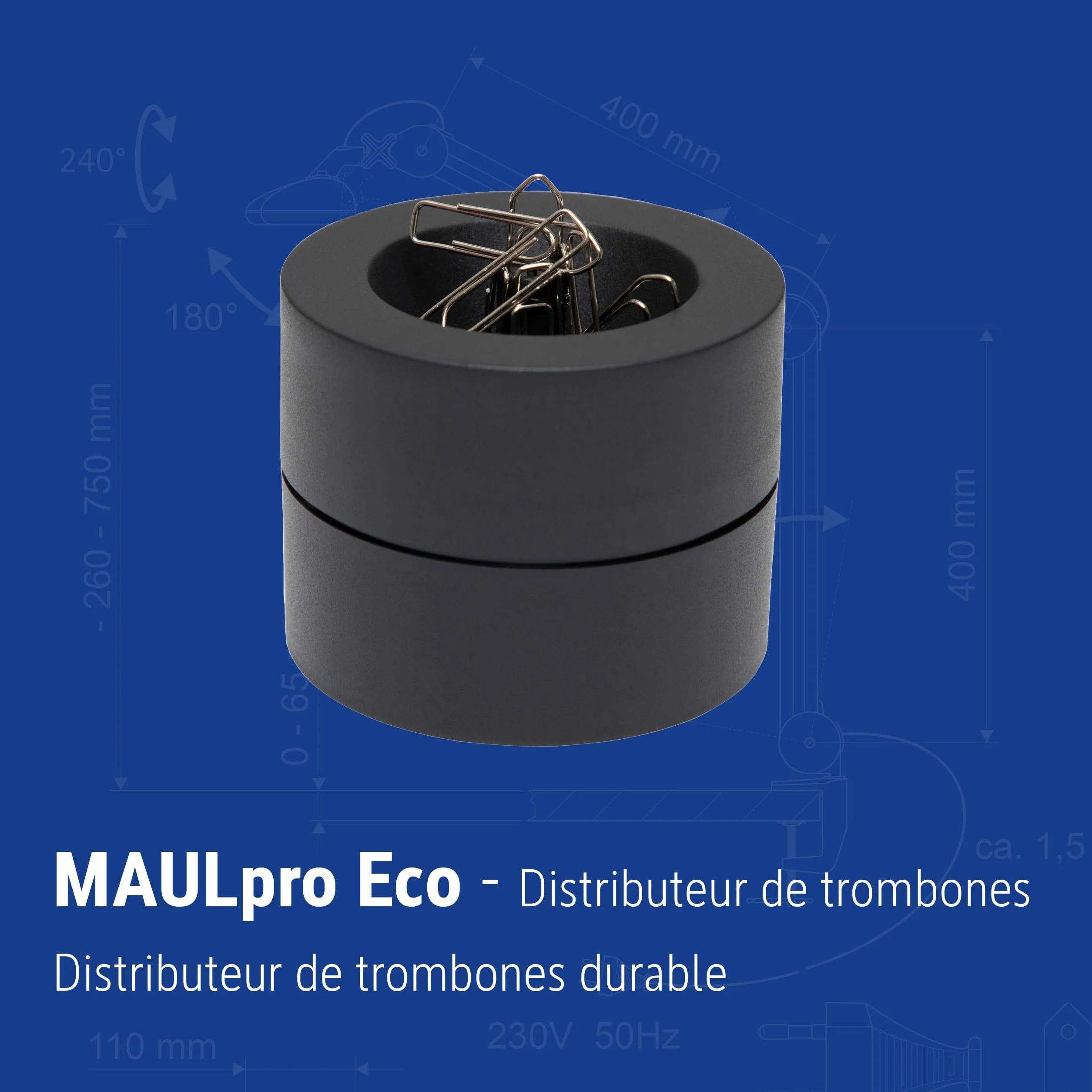 MAUL Distributeur de Trombones MAULpro Eco, 7,3 x 6 cm, Organiseur Bureau Plastique Recyclé, Noir