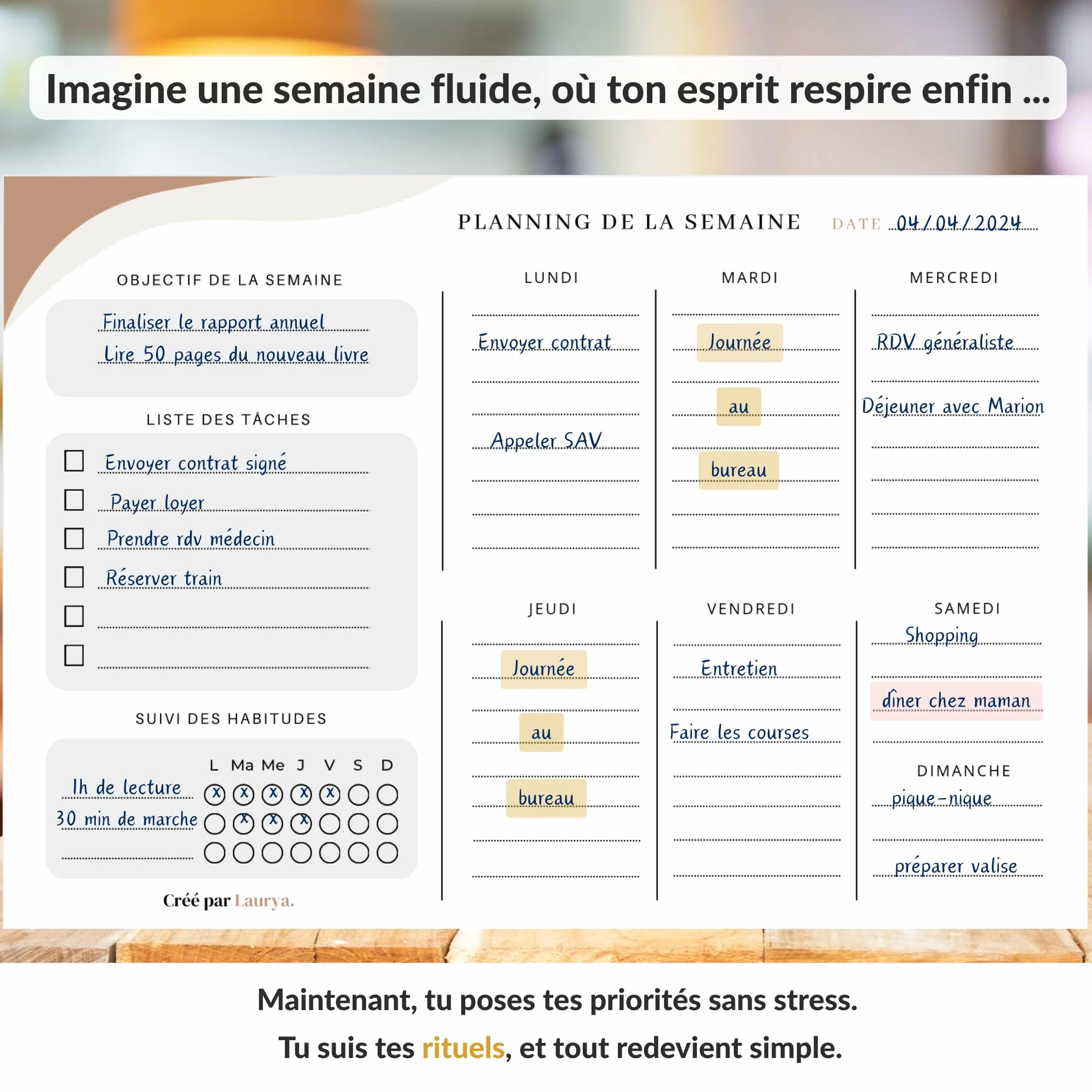 Planner Français de productivité, Semainier, Planning annuel mensuel journalier, agenda non daté, coffret cadeau stickers affirmations positives, to do list, bullet journal pre rempli (4 mois)