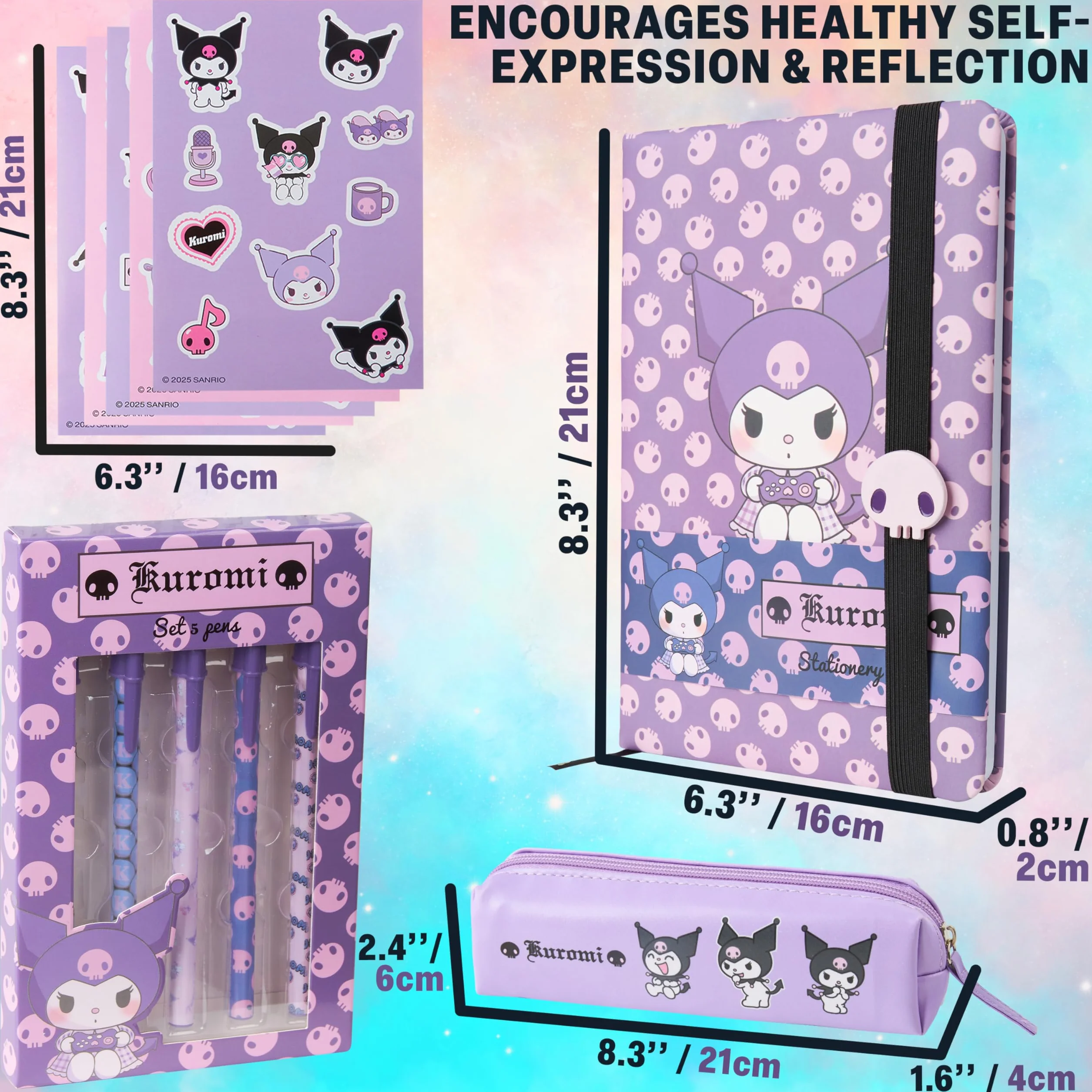 Sanrio Hello Kitty Kuromi Set Papeterie Cahier Trousse Kawaii Autocollants Stylos Bille Violet