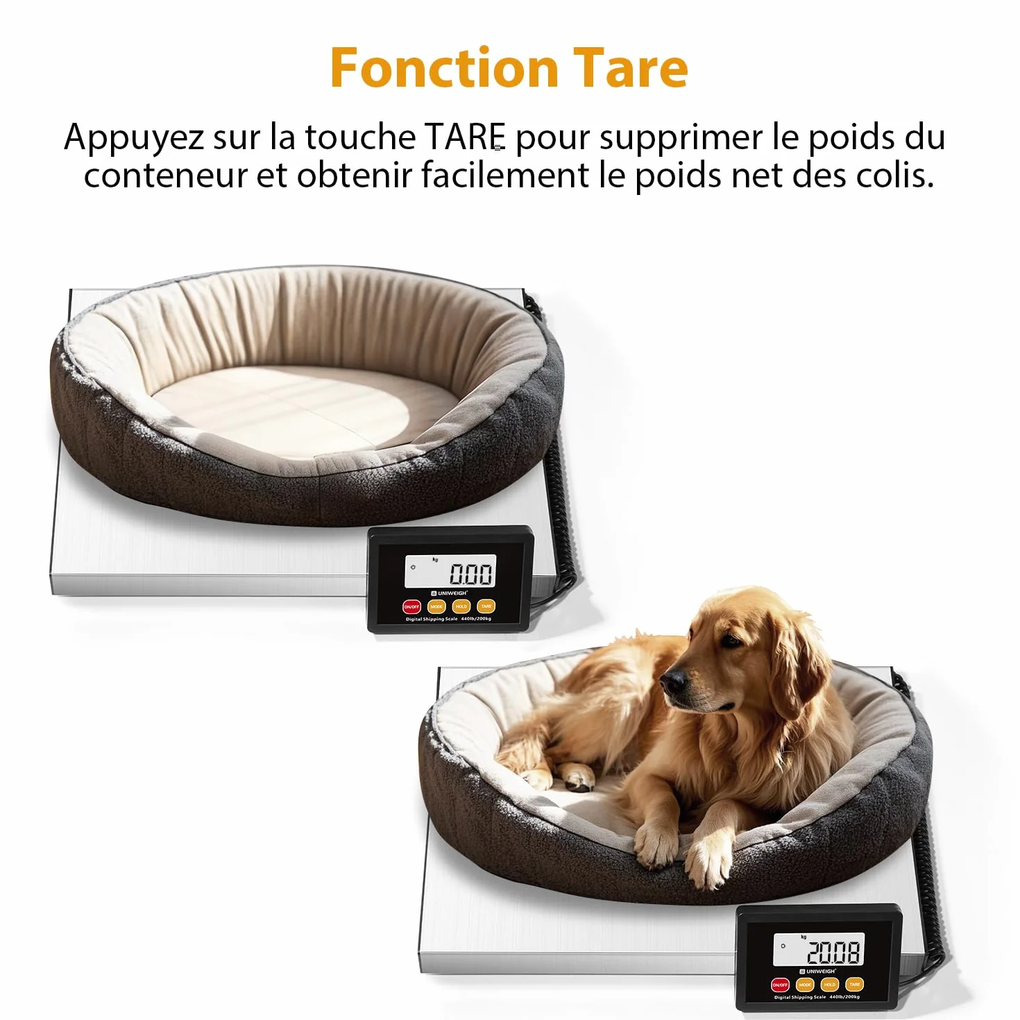 UNIWEIGH Balance Colis Postale Numérique 440lb x 10g, Plateaux en acier Inoxydable, Pese Colis avec affichage Hold/Tare/LCD