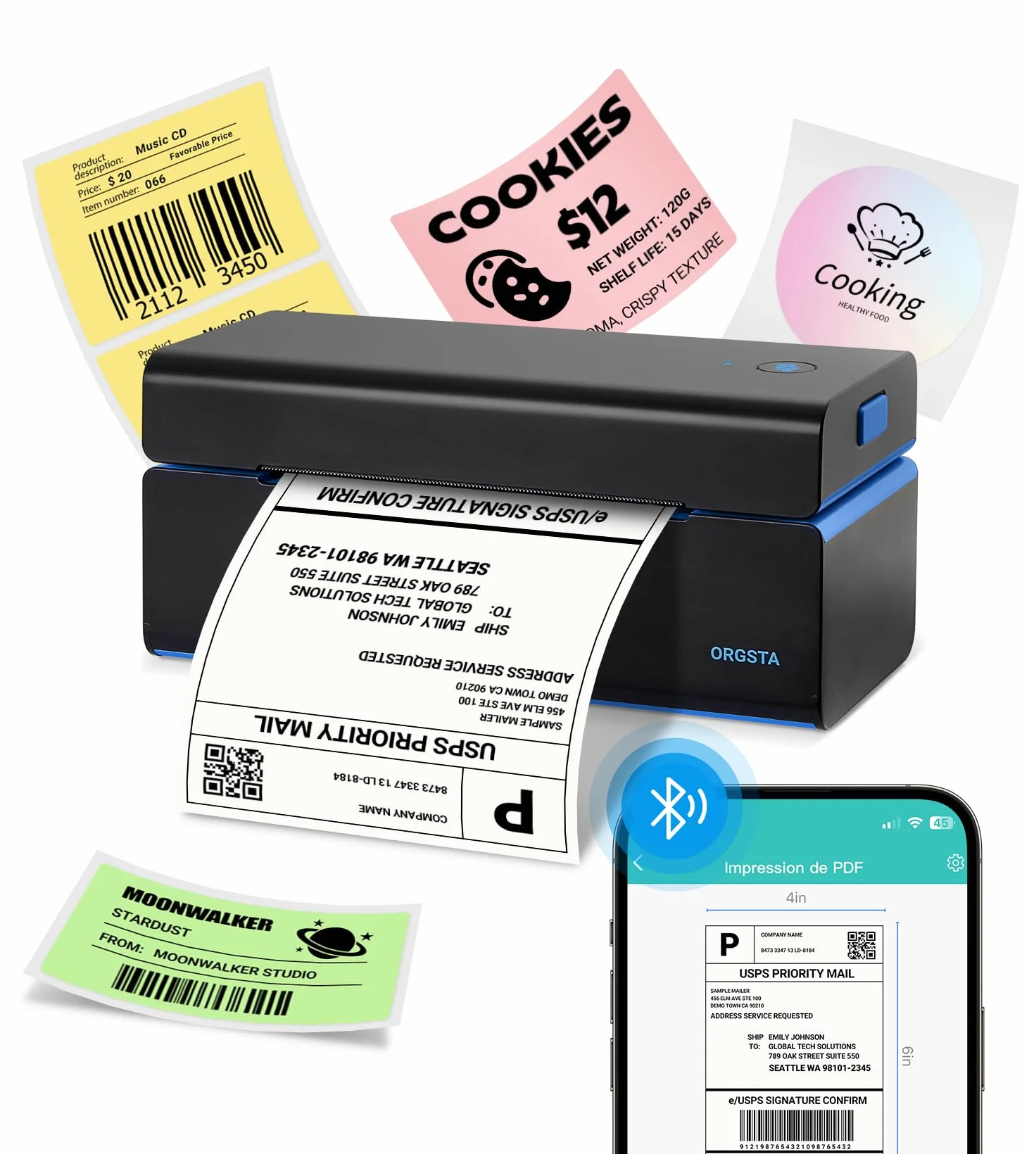 ORGSTA T001 Imprimante étiquettes autocollante 10x15 cm Bluetooth Wireless Thermique