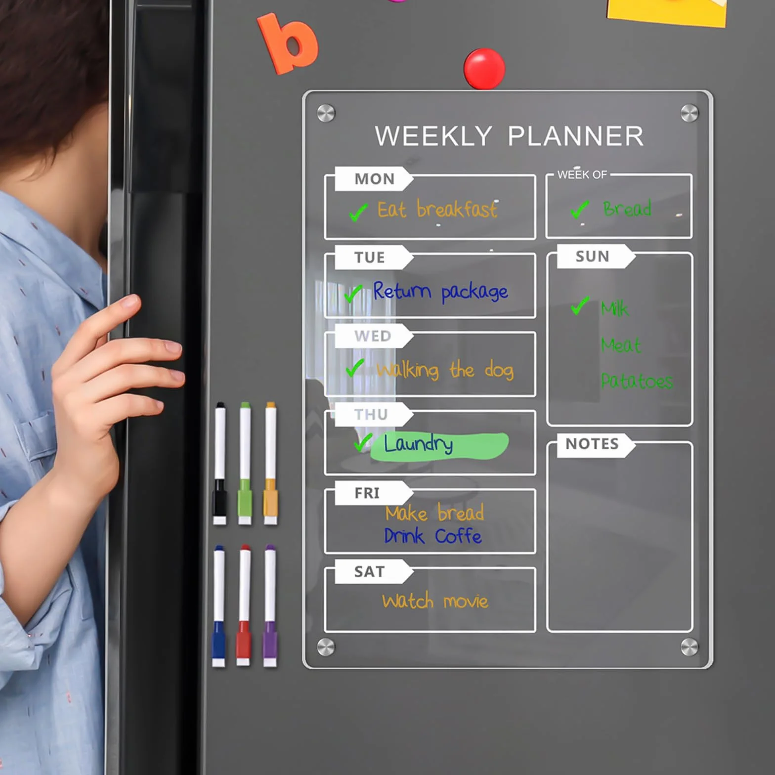 Tableau Frigo Magnétique Transparent A4 Effaçable avec 12 Marqueurs Couleurs