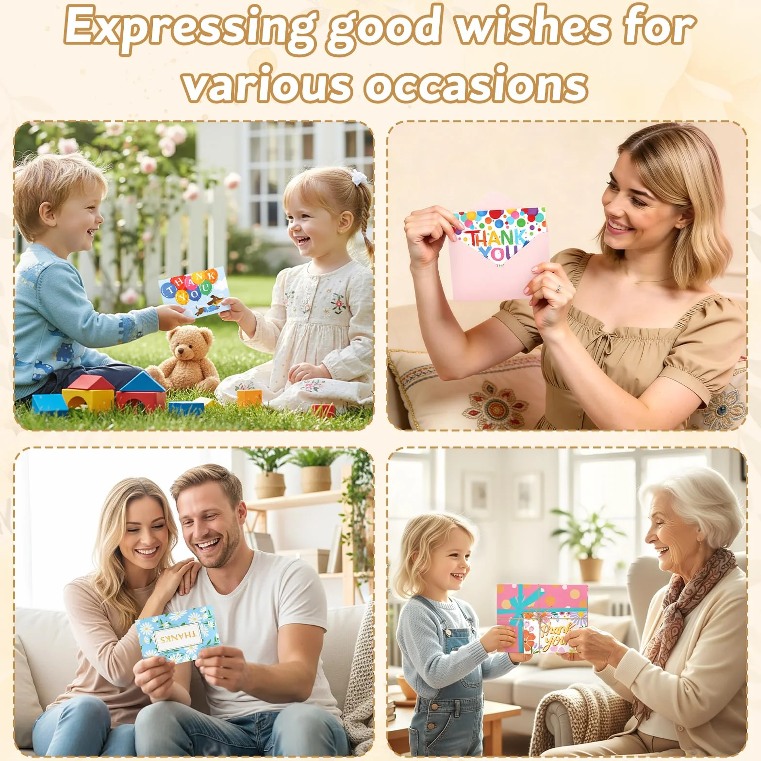 Cartes de Remerciements 48 Pièces 12 Modèles avec Enveloppes et Autocollants 4x6 Pouces pour Enfants Amis Famille