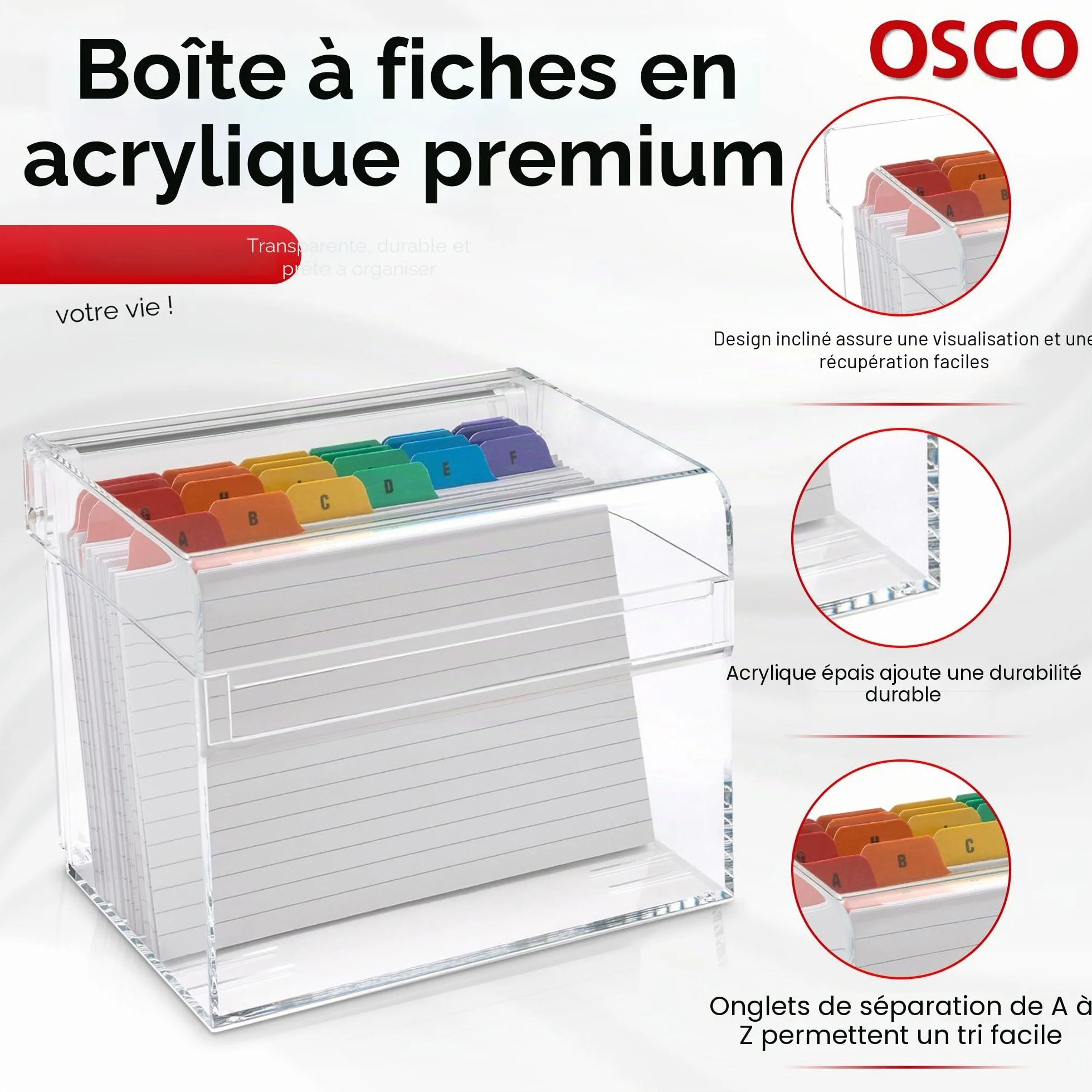 OSCO Boîte d'index en acrylique transparente
