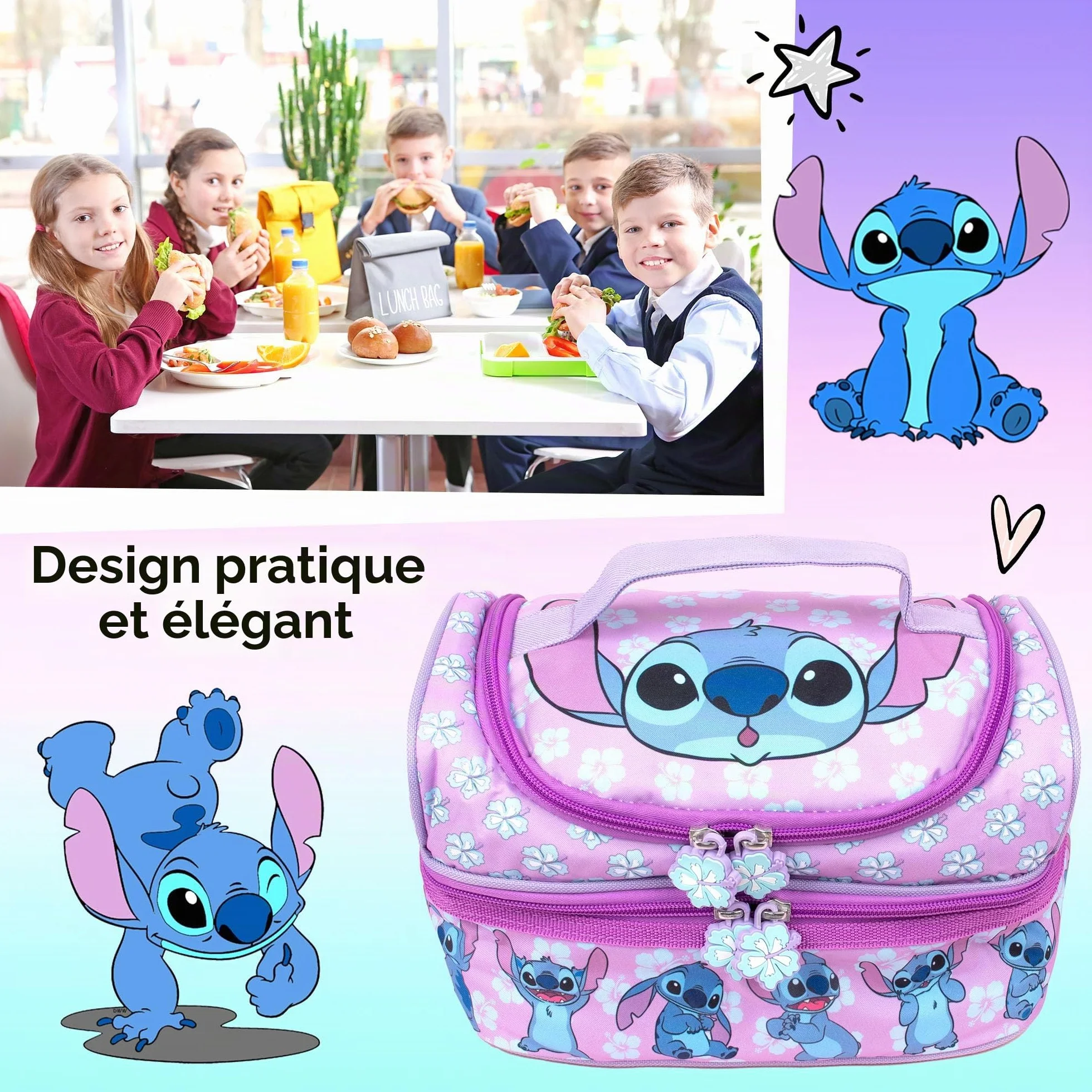 Disney Stitch Sac à déjeuner multi-compartiments isolation thermique double étage filles