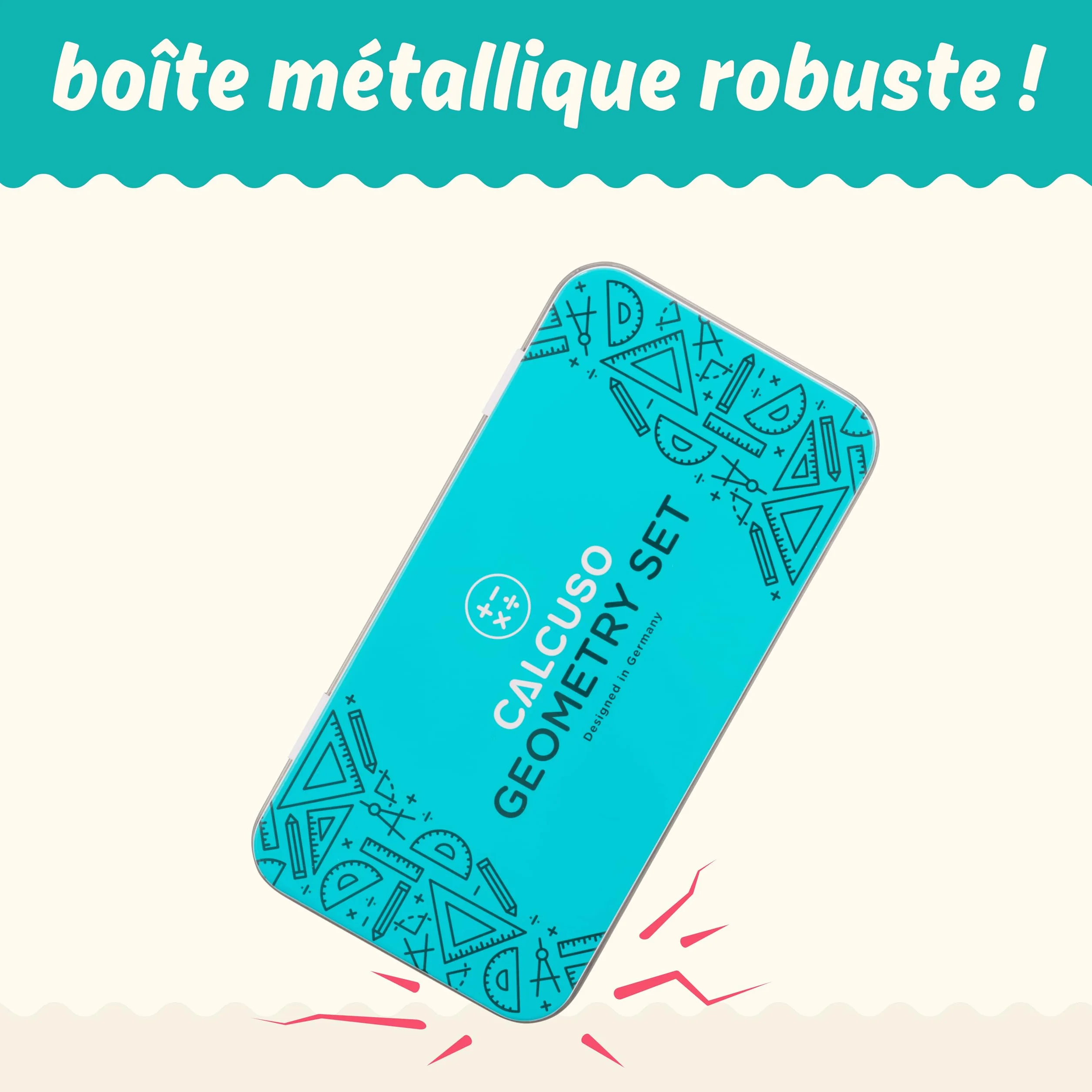CALCUSO Ensemble de Géométrie 13 Pièces Compas Équerre Boîte Métallique