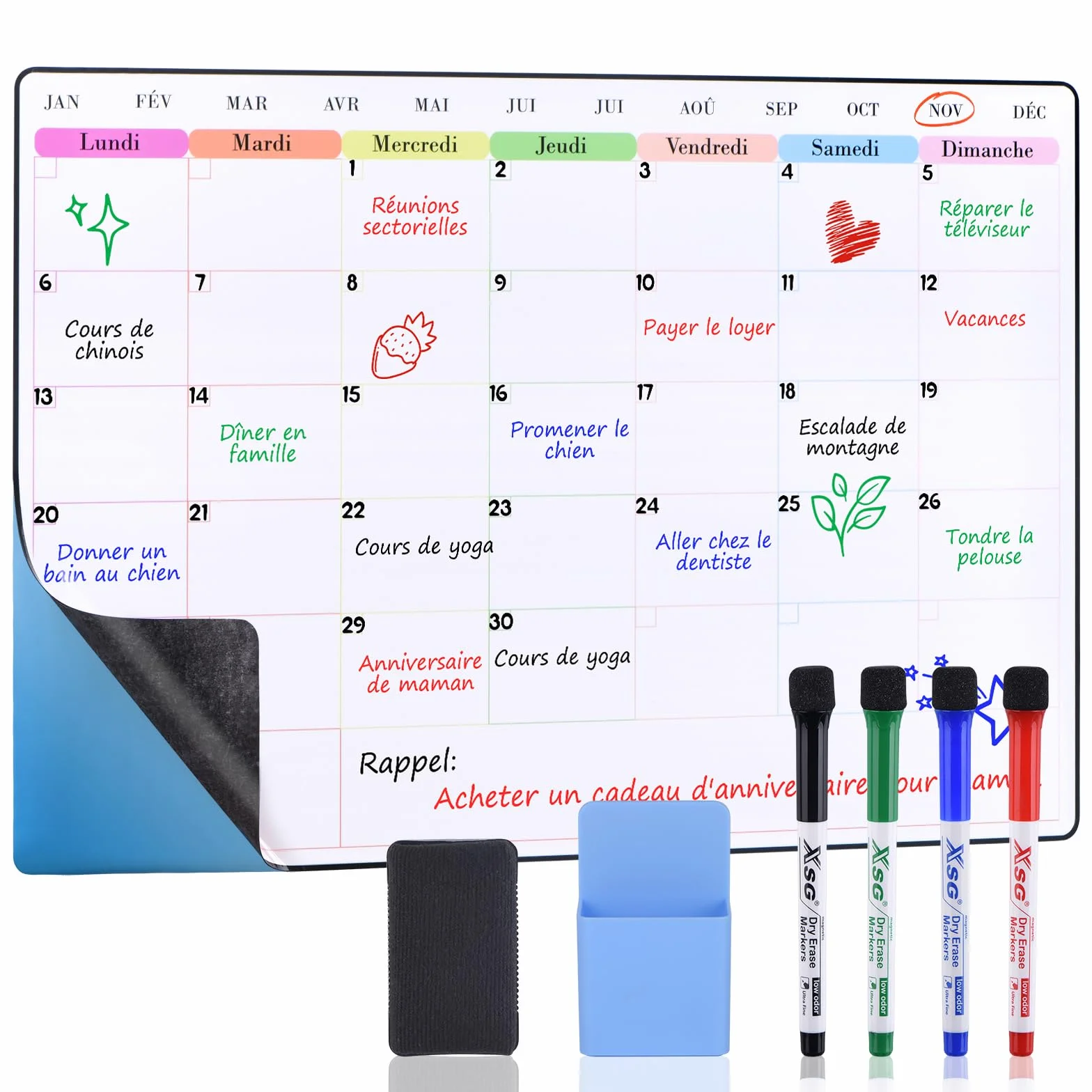 POPRUN Calendrier Adhésif Tableau Blanc Planning Mural 60x40 cm Planificateur Mensuel Semainier Effaçable