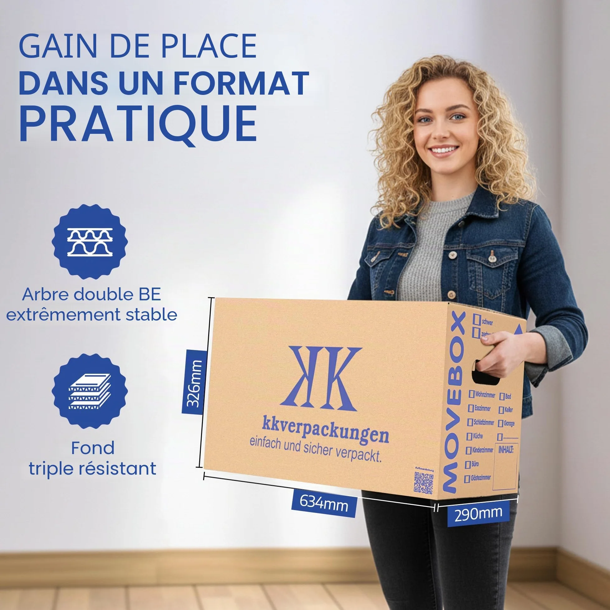 Boîtes carton déménagement stockage 634x290x326 mm 40 kg capacité charge avec poignées réutilisables