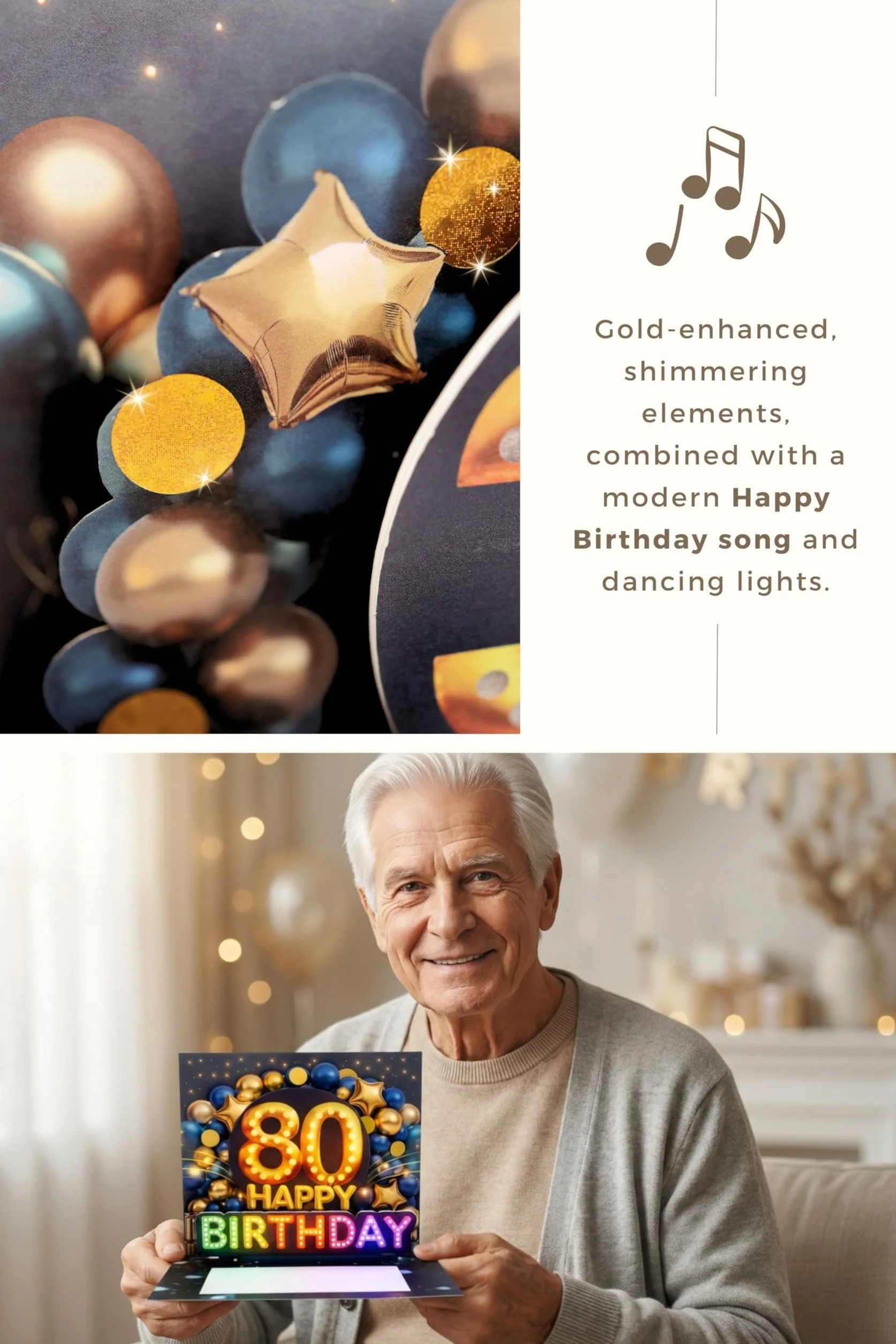 Carte anniversaire 80 ans avec musique et lumière – Carte pop up 3D pour homme, 20 x 15 cm, enveloppe et autocollant