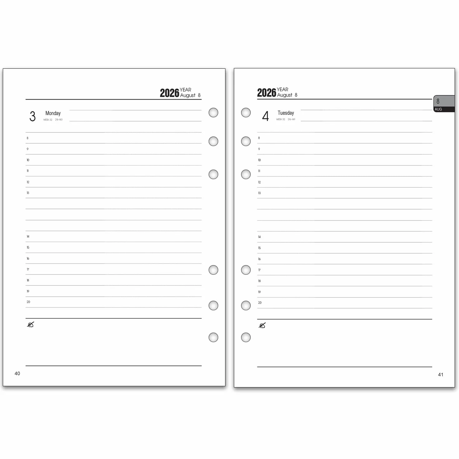 Recharge Agenda Journalier 2026-2027 A5 6 Trous une Page par Jour 8h-20h Onglets Mensuel Pages Notes Contacts Planificateur Quotidien Août 2026 à Juillet 2027