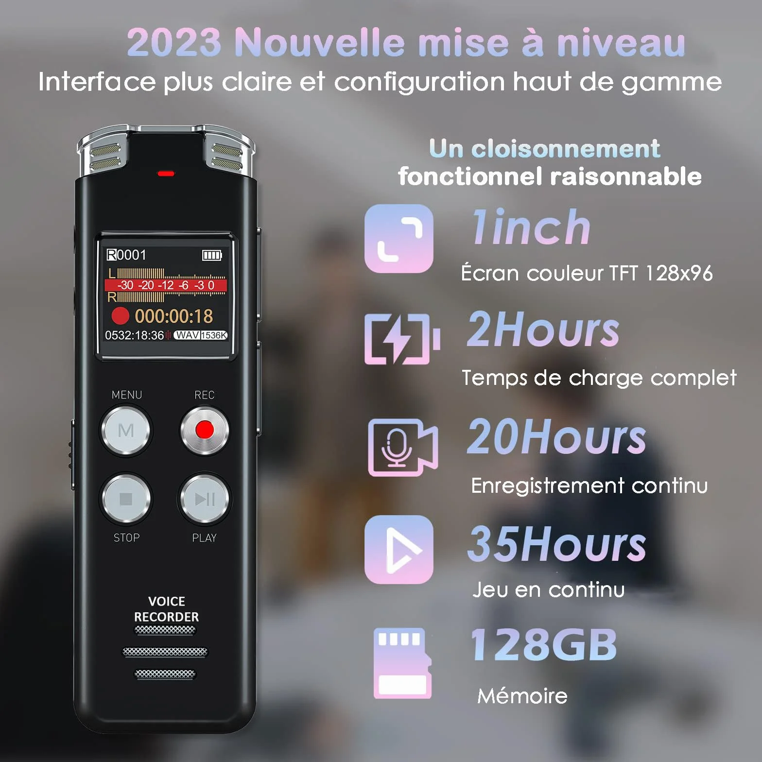 EVISTR Enregistreur numérique de Voix 128GB - Enregistreur Audio à Commande vocale avec réduction du Bruit - Dictaphone Dual MIC Rechargeable