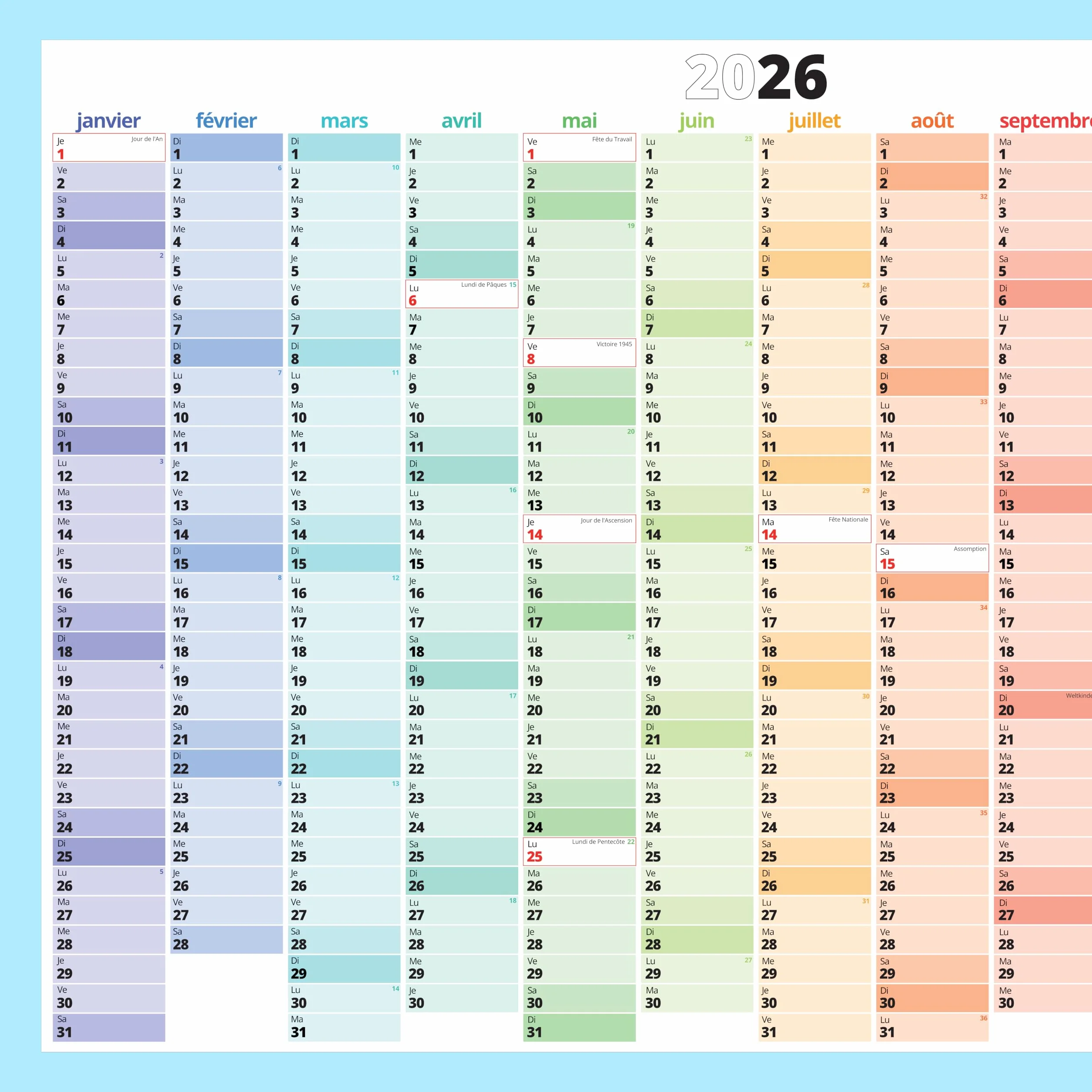 Grand Calendrier Mural 2026 XXL 84x60 cm Planificateur Annuel A1 avec Jours Fériés France Planning Familial Bureau