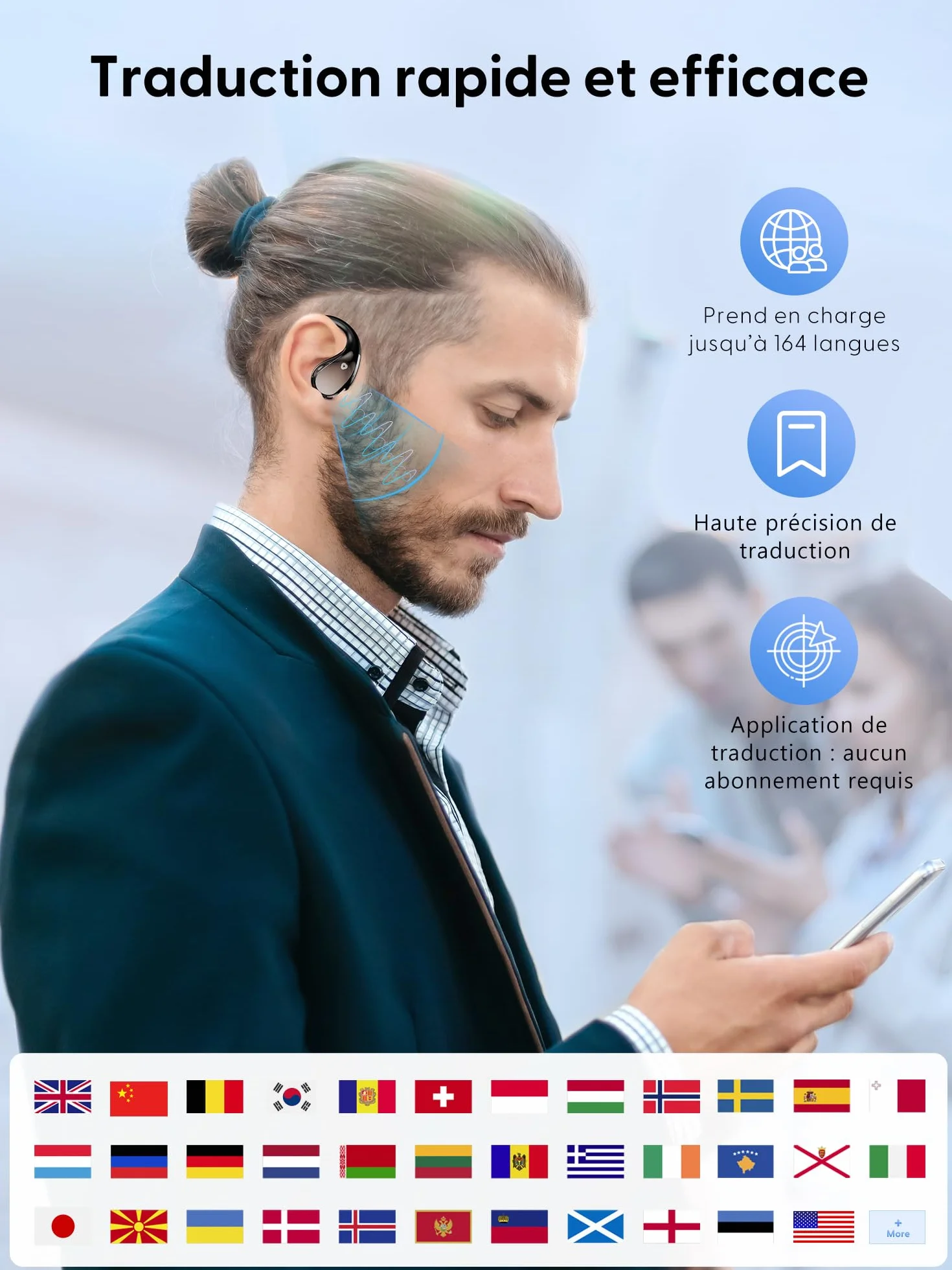 Écouteur Traducteur Instantané AI Vocal 164 langues Bluetooth 6.0 3 en 1 40H autonomie Casque sans fil 7 modes