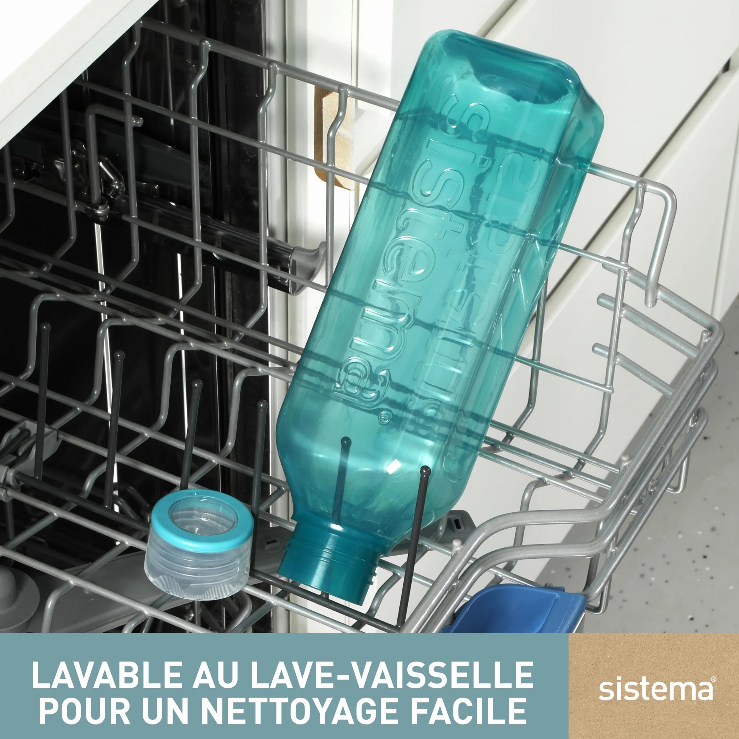 Sistema Bouteille d'eau carrée 1 litre sans BPA Bouchon étanche Bleu-gris